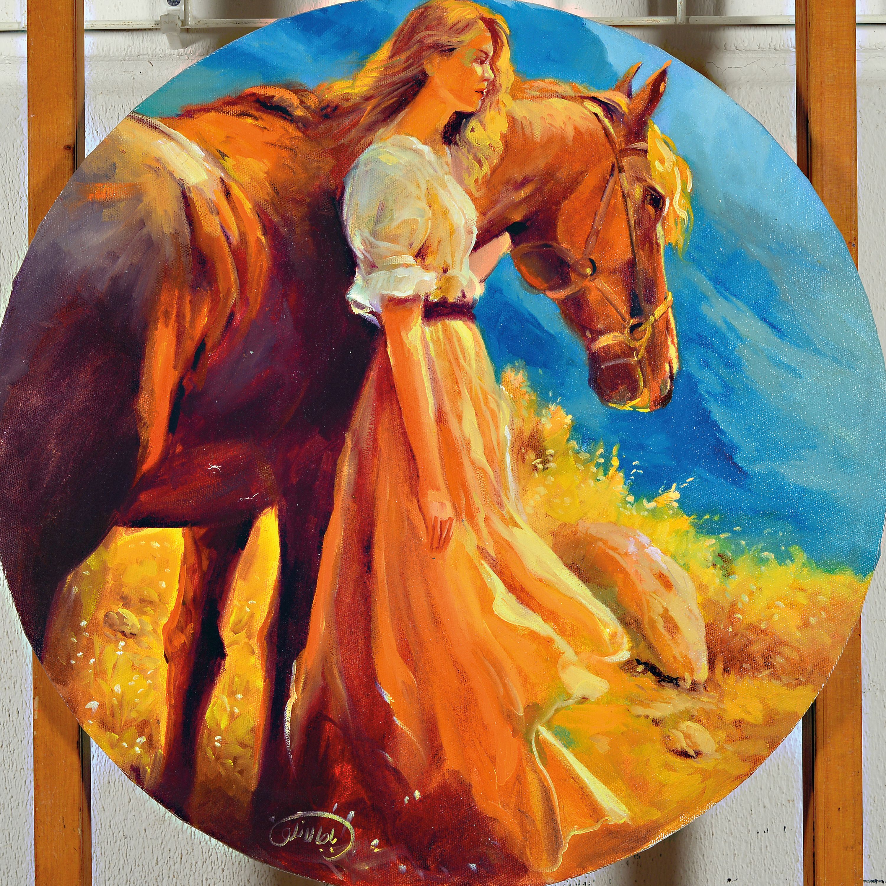 Detail k: Bahram Bajalanlou, zeitgenössischer iranischerKünstler, Mädchen mit Pferd, Öl/Lwd, signiert, rund, D. 50 cm