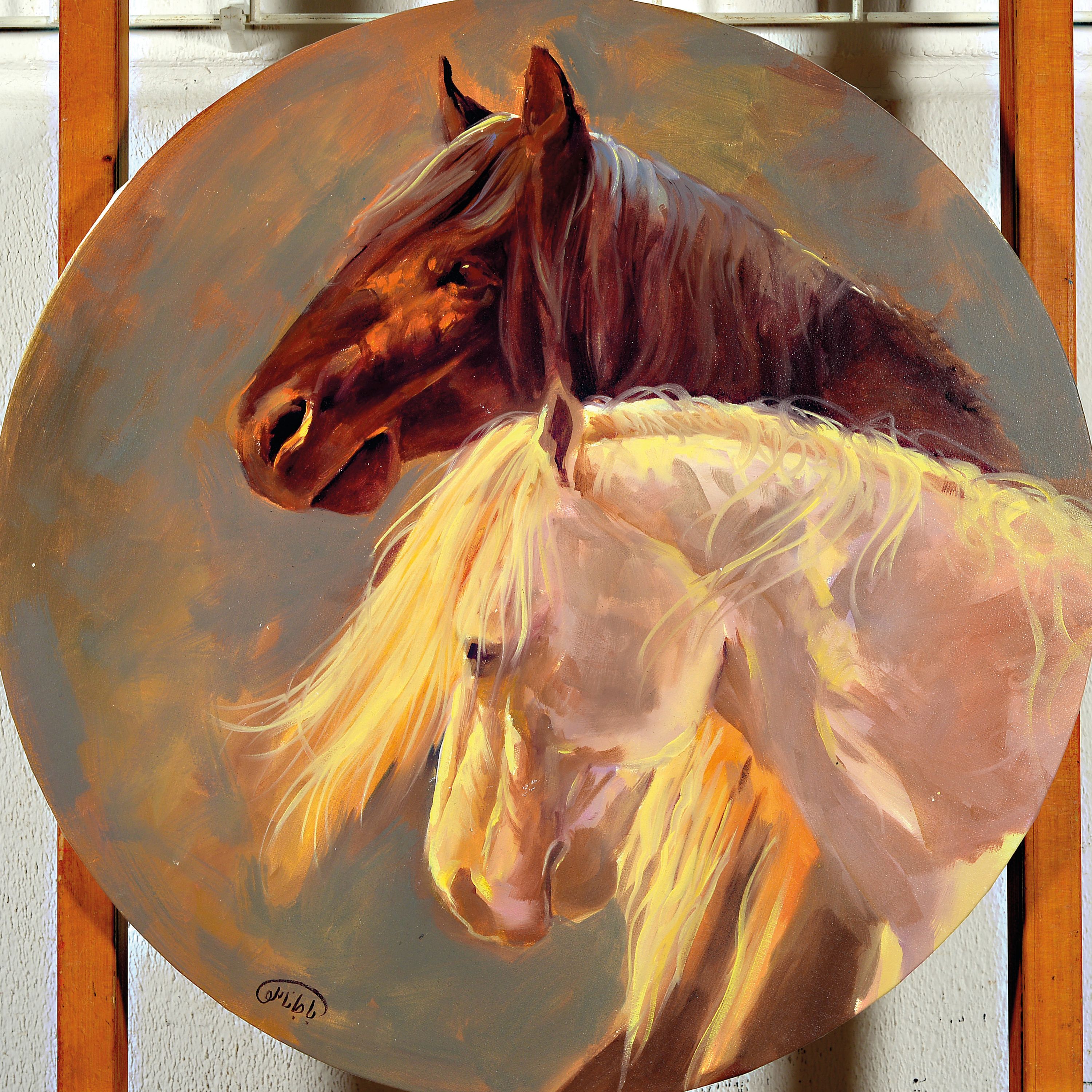 Detail k: Bahram Bajalanlou, zeitgenössischer iranischerKünstler, Pferdeporträts, Öl/Lwd, signiert, rund, D. 50 cm