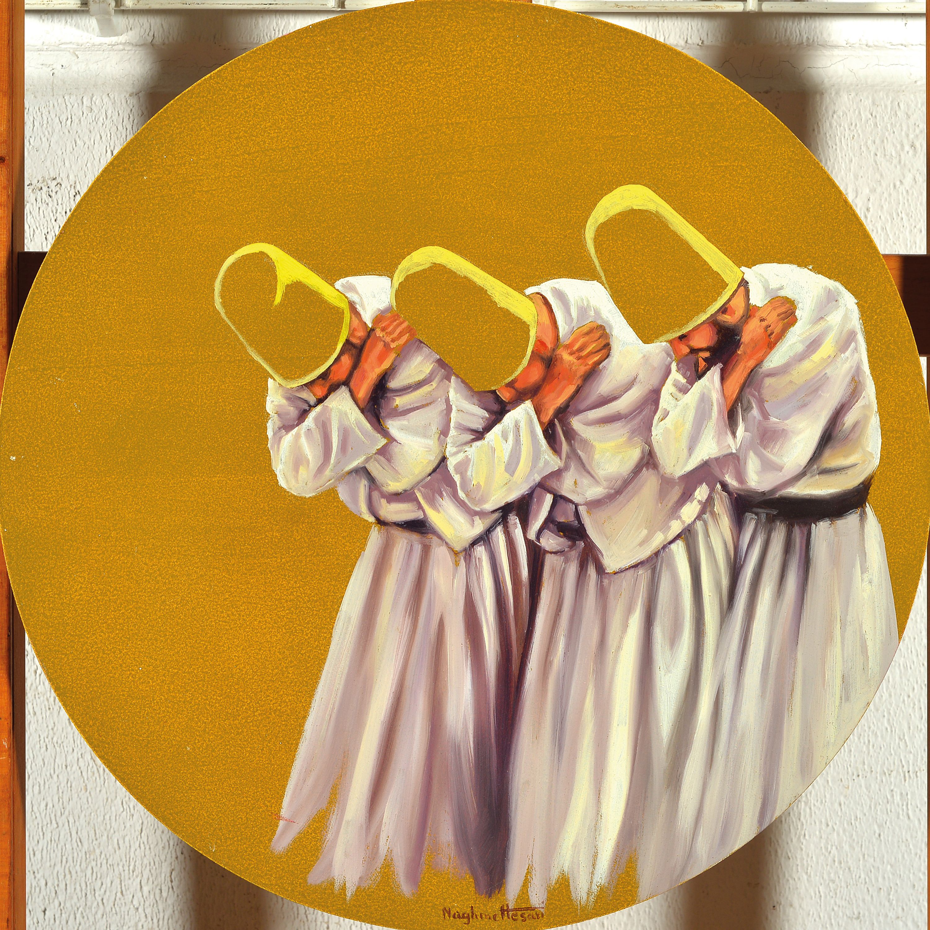 Detail l: Naghine Hesari, zeitgenössischer türkischer Künstler, zwei Pendants, je drei, signiert, rund, D. 50 cm