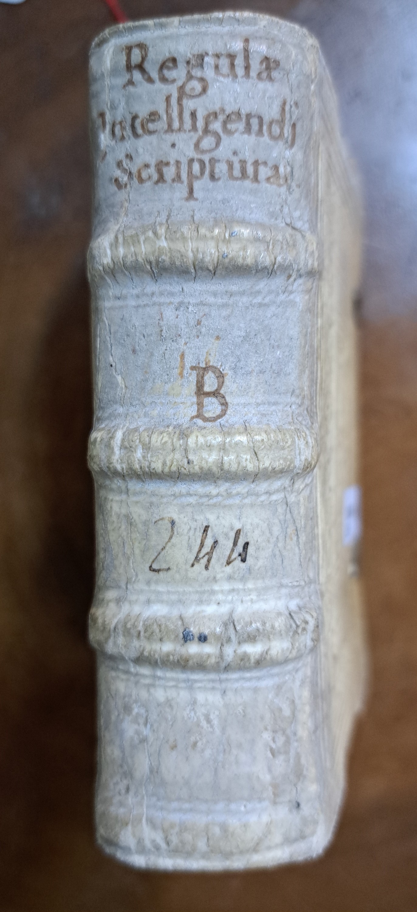 Detail c: Johannes Steelij: Regulae intelligen di scripturas sacras, Antwerpen 1553, 346 Seiten und Index, geprägter Pergamenteinband mit zwei Schließen, in ...