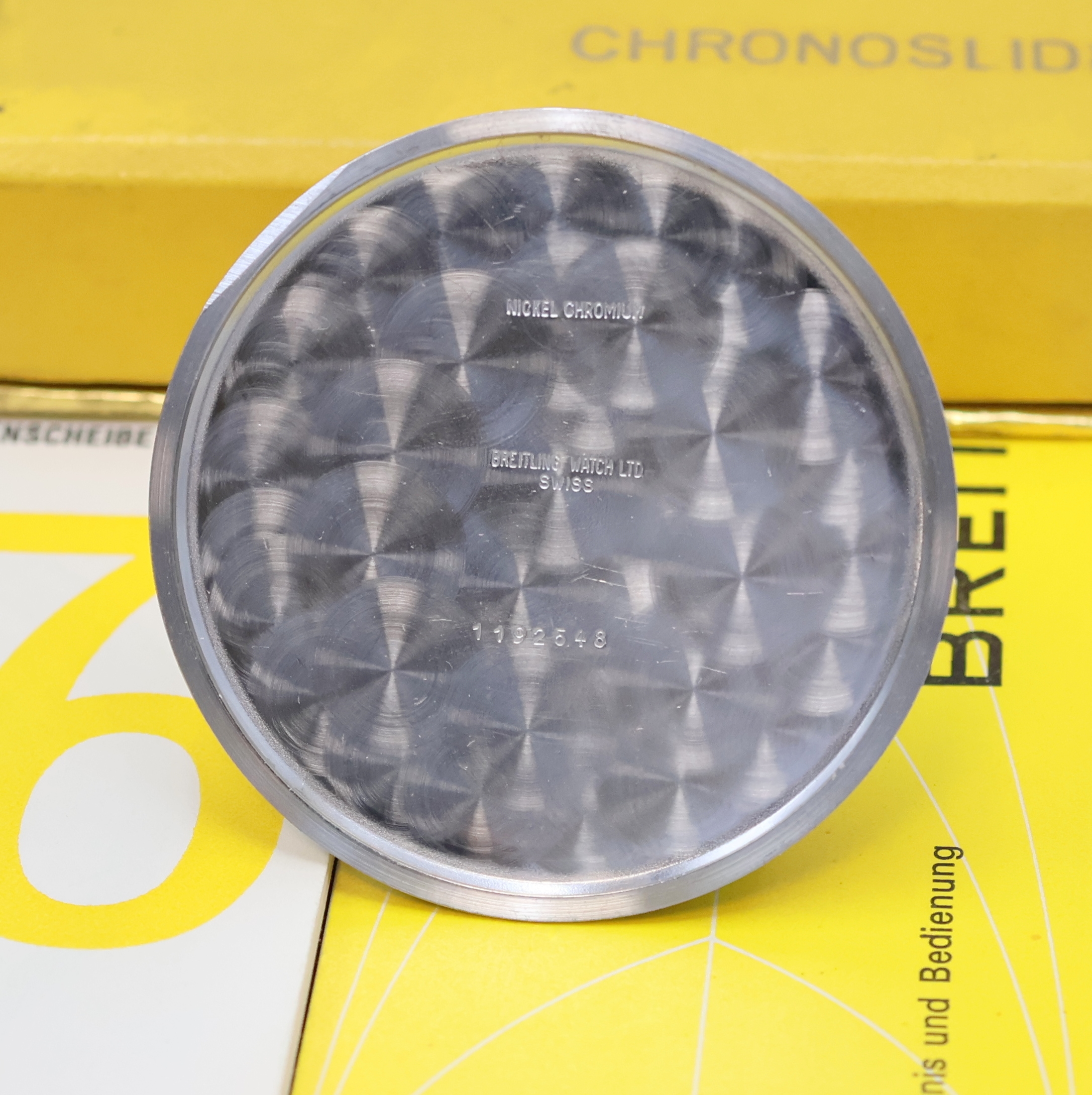 Detail d: BREITLING Chronoslide neuwertiger Einhandstopper Referenz 1577, Schweiz um 1969, Metall verchromt, 30 Min.-Stoppz., Multiskala, beids. drehb. ...