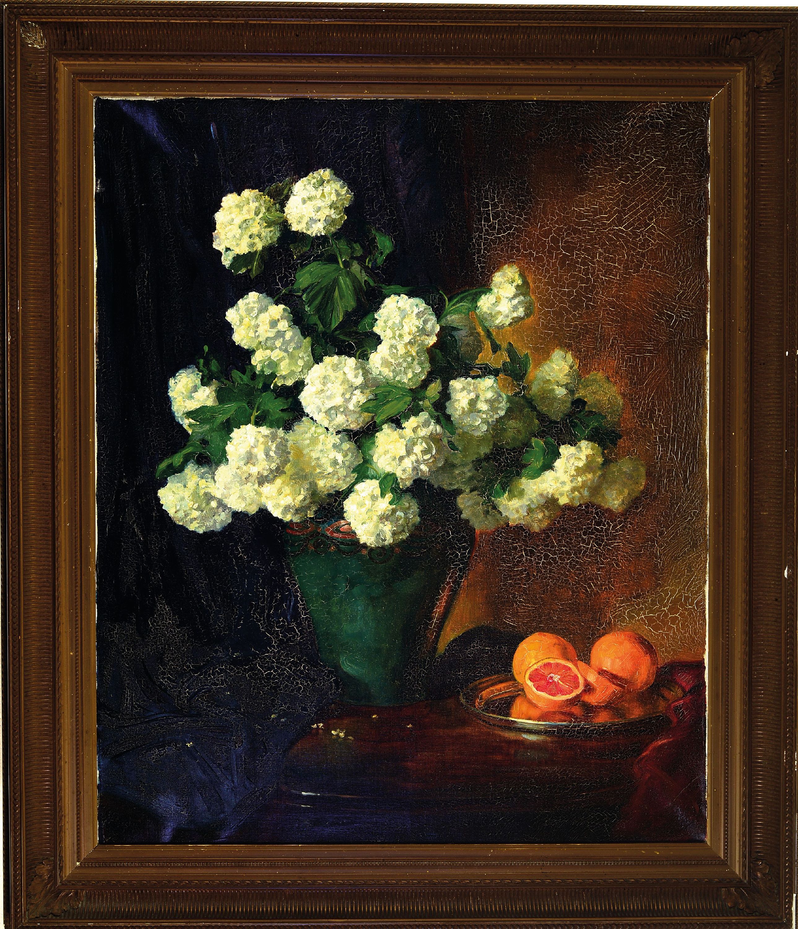 Detail k: Unbekannter Maler des 19./20.Jh., Blumenstillleben, Vase mit weißen Schneebällen und einem Teller mit Orangen, unsigniert, Öl/Lwd, 83x66 cm, ...