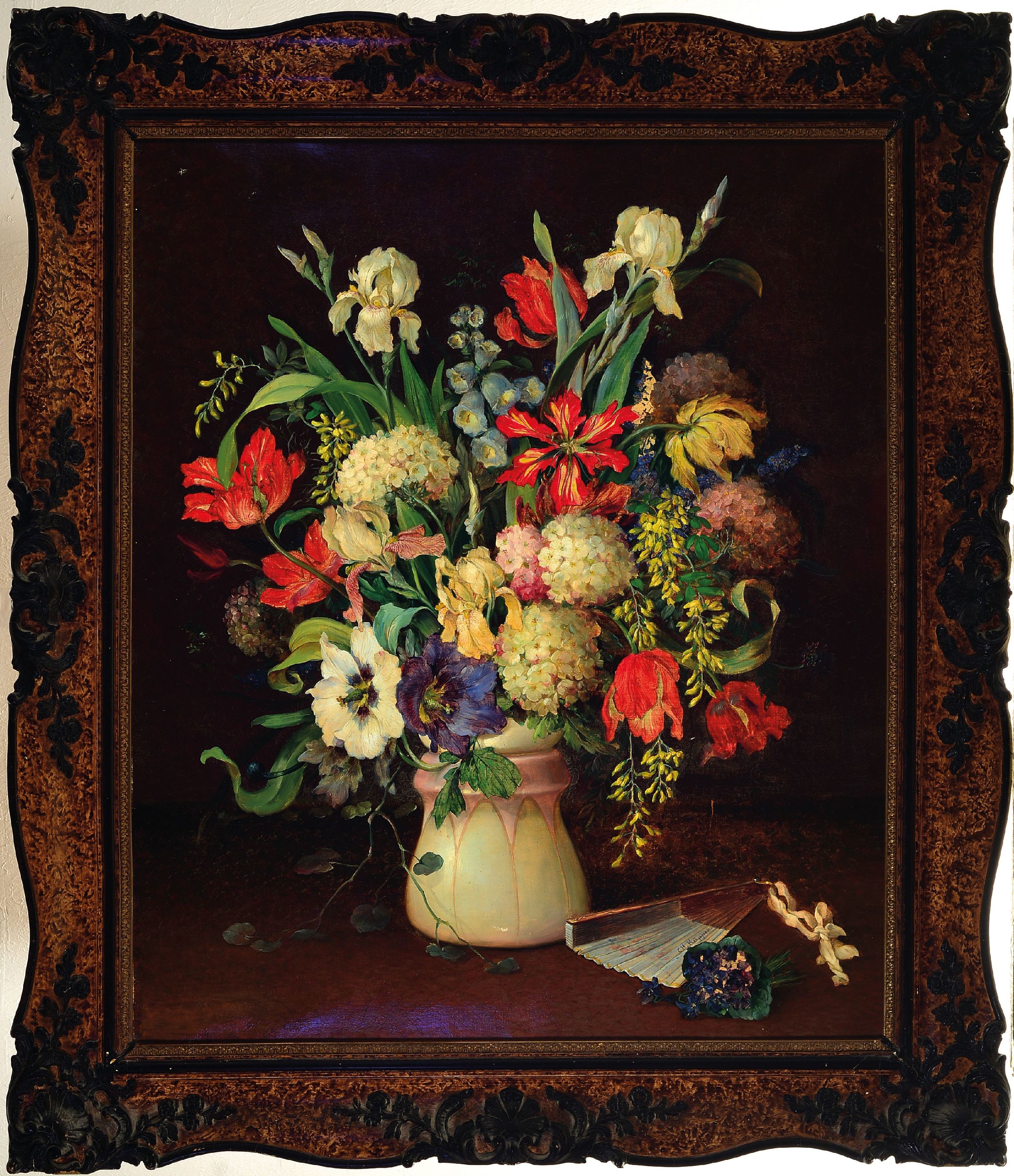 Detail k: Carl Heinrich Küpper, 1864 Düsseldorf-(?), reiches Blumenstillleben mit Fächer, Öl/Lwd, auf Fächer signiert, 78x63 cm, Rahmen 95x81 cm