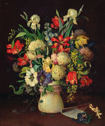 Image Carl Heinrich Küpper, 1864 Düsseldorf-(?), reiches Blumenstillleben mit Fächer, ...