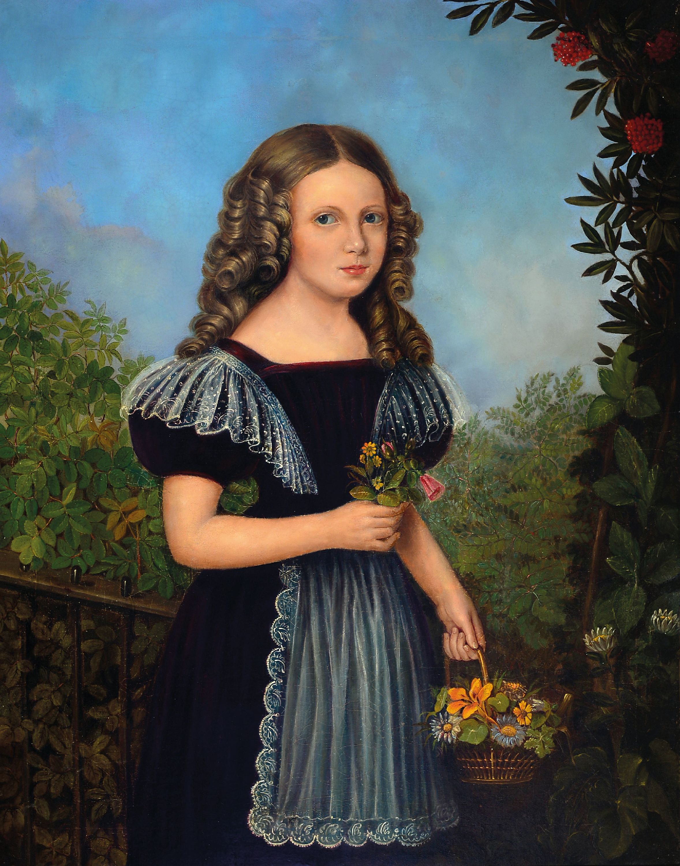 Image 27013191 - Unbekannter Bildnismaler des 19.Jh., junges Mädchen mit Blumenkorb im Garten, Öl/Lwd, ...