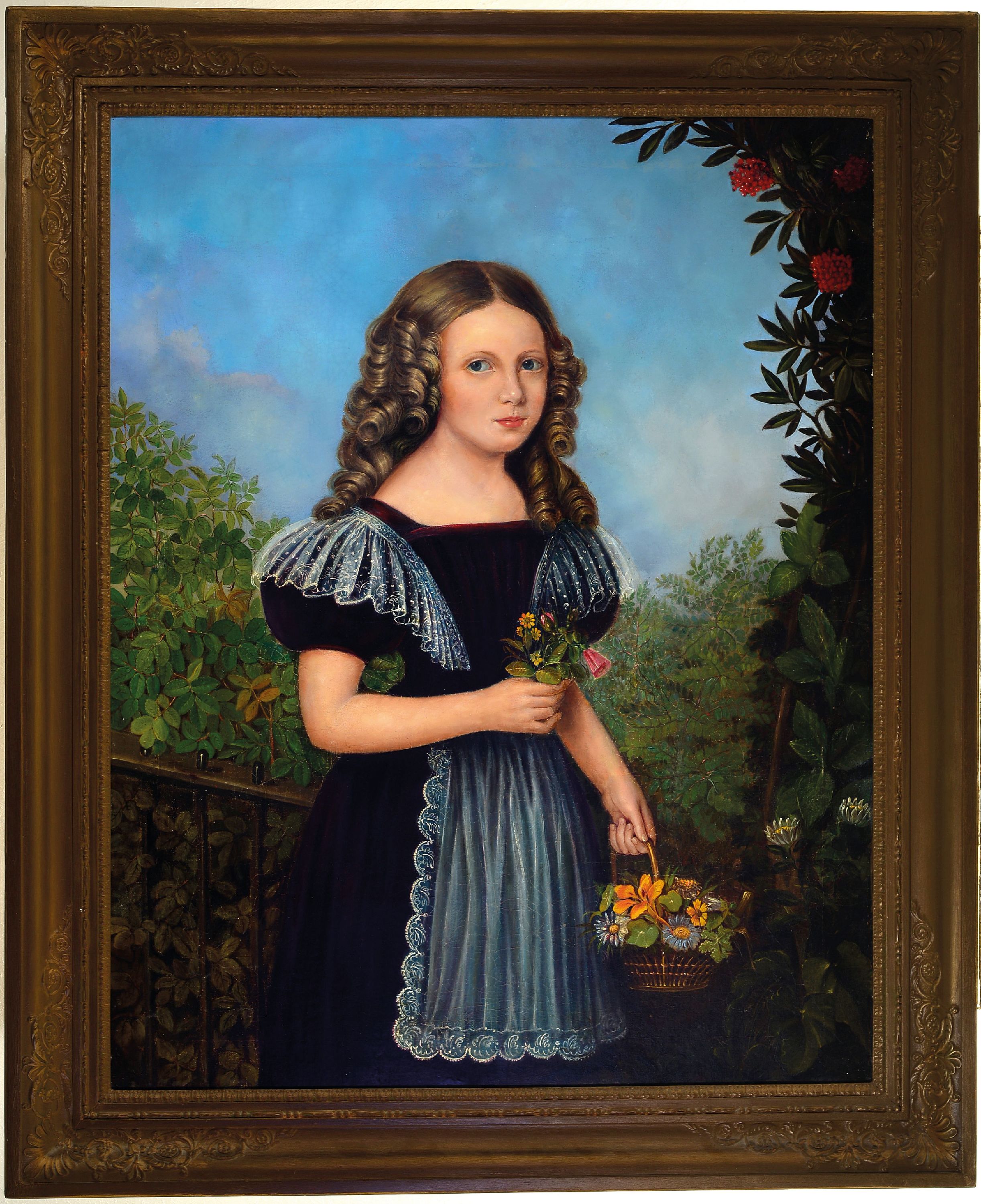 Detail k: Unbekannter Bildnismaler des 19.Jh., junges Mädchen mit Blumenkorb im Garten, Öl/Lwd, restauriert und doubliert, 98x77 cm, Rahmen 116x95 cm