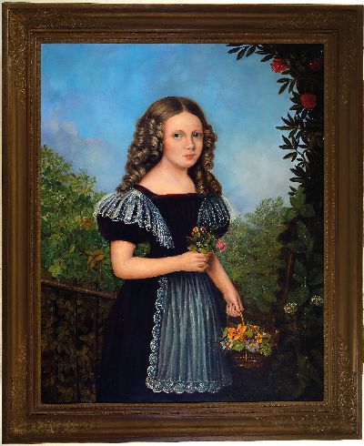27013191k - Unbekannter Bildnismaler des 19.Jh., junges Mädchen mit Blumenkorb im Garten, Öl/Lwd, ...