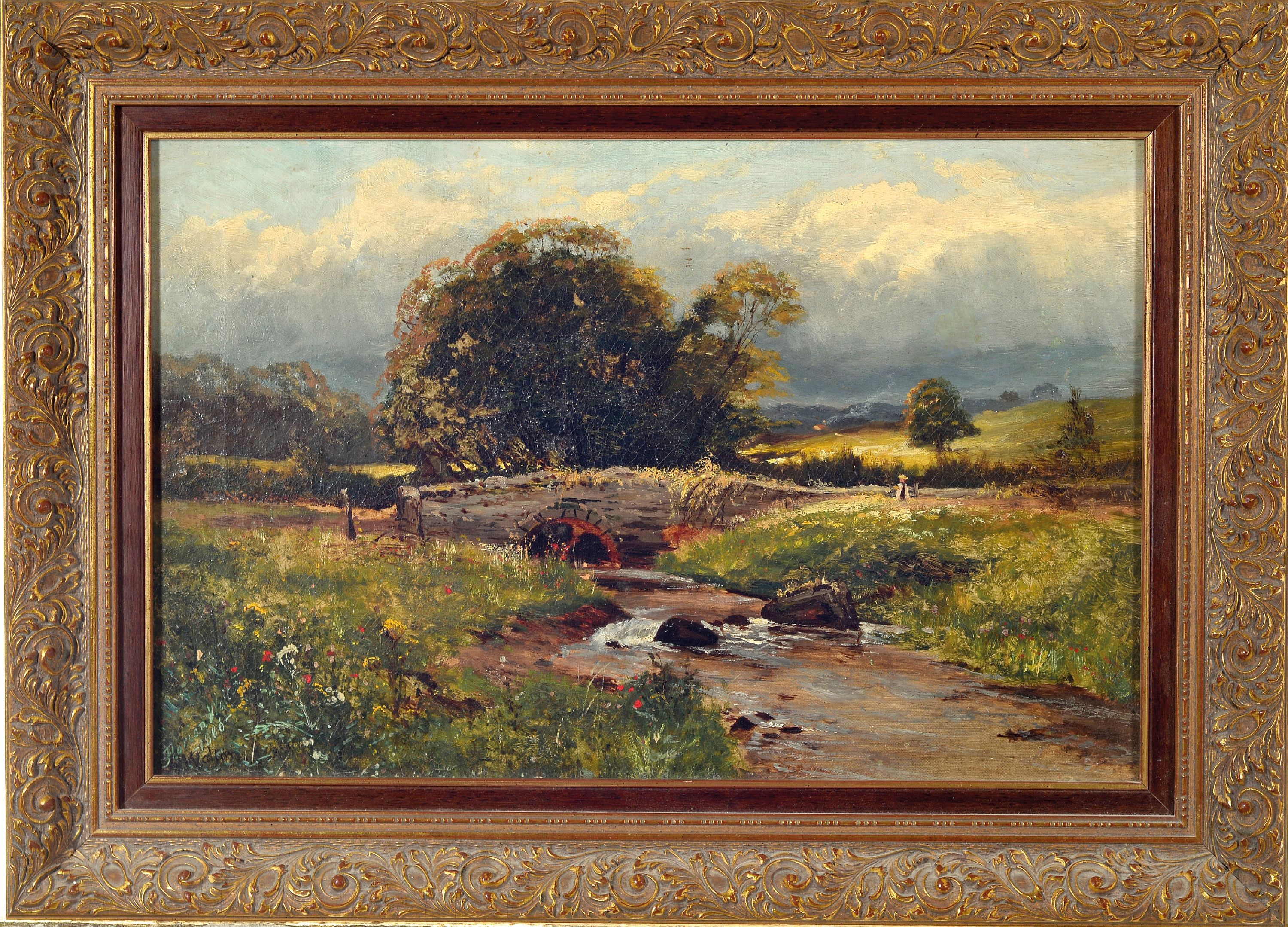 Detail k: Florian Walton, englischer Künstler des 19.Jh., Bachlandschaft mit steinerner Brücke, links unten signiert und datiert 1886, Öl/Lwd, restauriert, ...