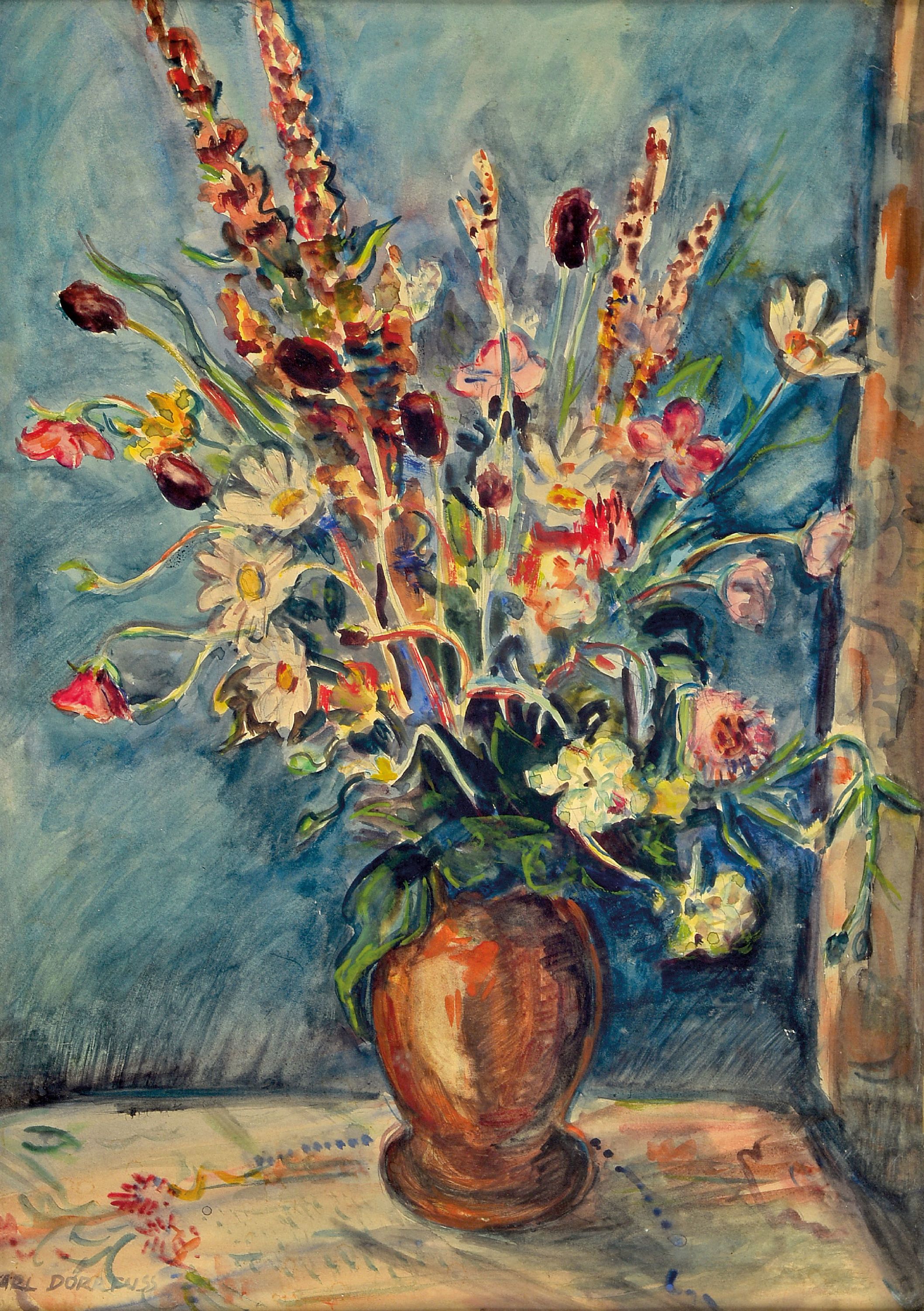 Image 27013528 - Karl Dörrfuss, 1906-1984 Fürth, Stillleben mit Blumen in brauner Vase, Gouache auf ...