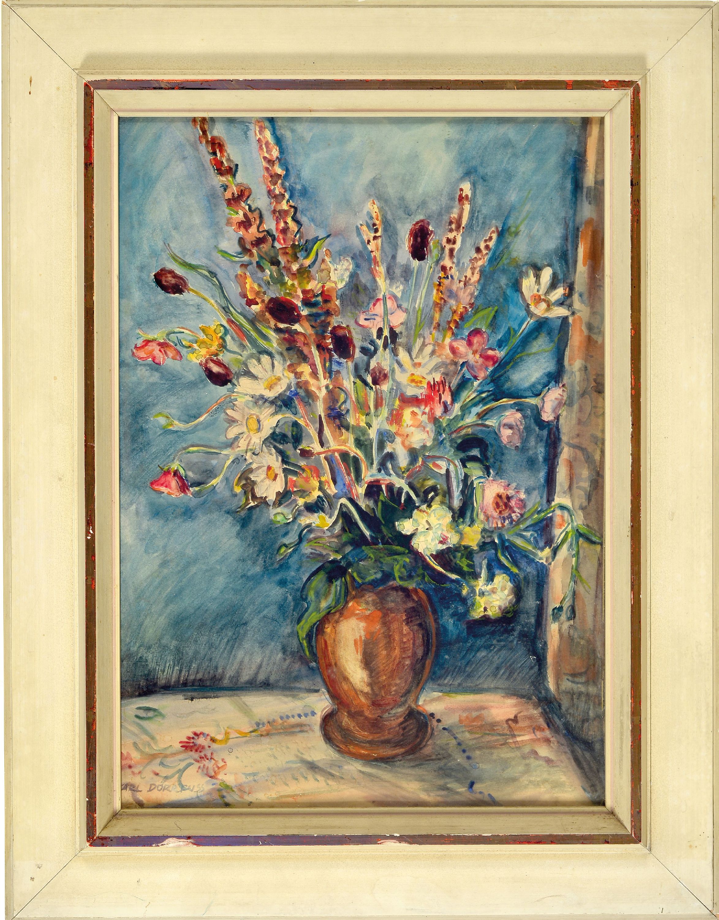 Detail k: Karl Dörrfuss, 1906-1984 Fürth, Stillleben mit Blumen in brauner Vase, Gouache auf Papier, links unten sign., ca. 47x33cm, u.Gl., R. ca. 62x48cm