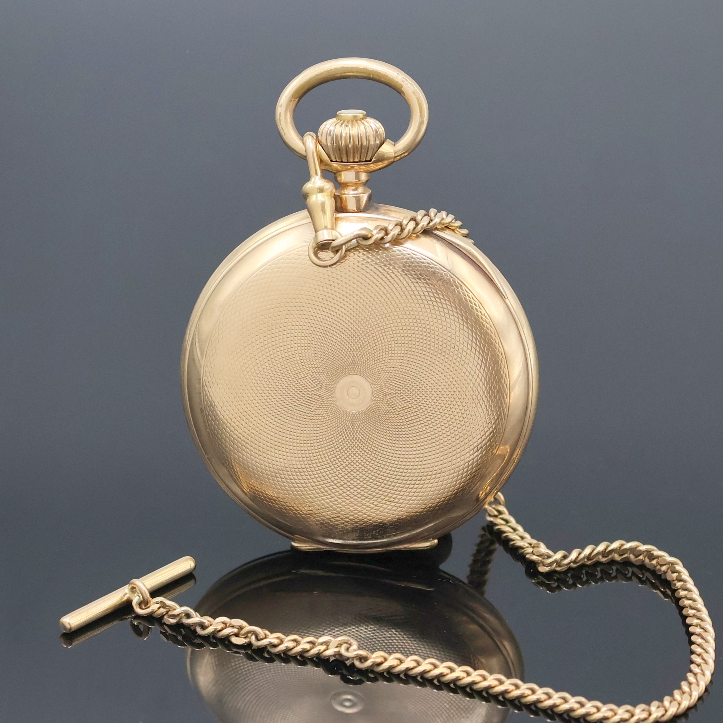 Detail b: SYSTEME GLASHÜTTE Herrensavonette in RoseG 585/000 an RoseG 585/000 Kette, Schweiz um 1910, guill. Geh. dell., verg. Metallcuvette, Sprungdeckel m. ...