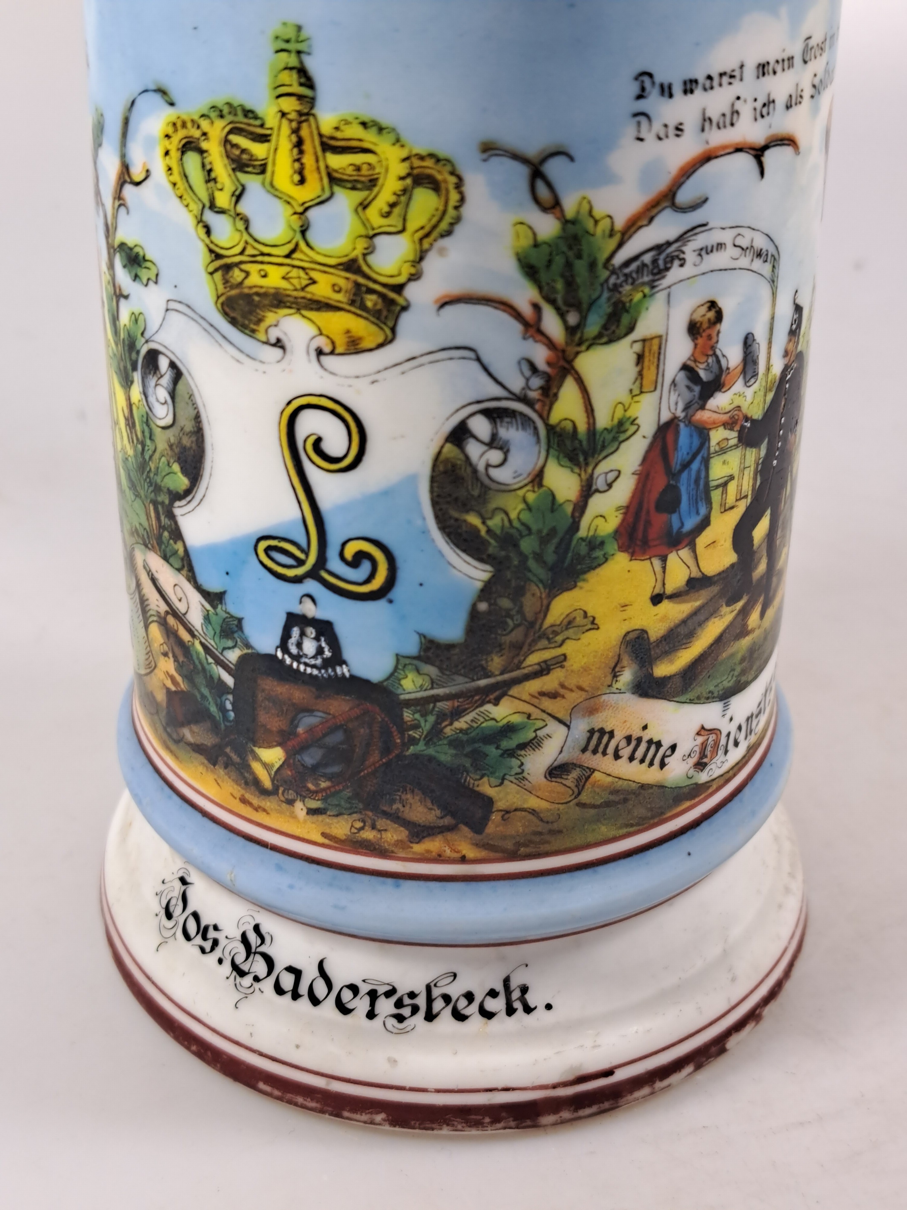 Detail c: Reservistenkrug, Kgl. Bayr. Luftschiffer -Abtheilung München, 1898-1900, Porzellan, umlaufend farbig bemalt, Zinnmontur, Lithophanie, Jos. ...