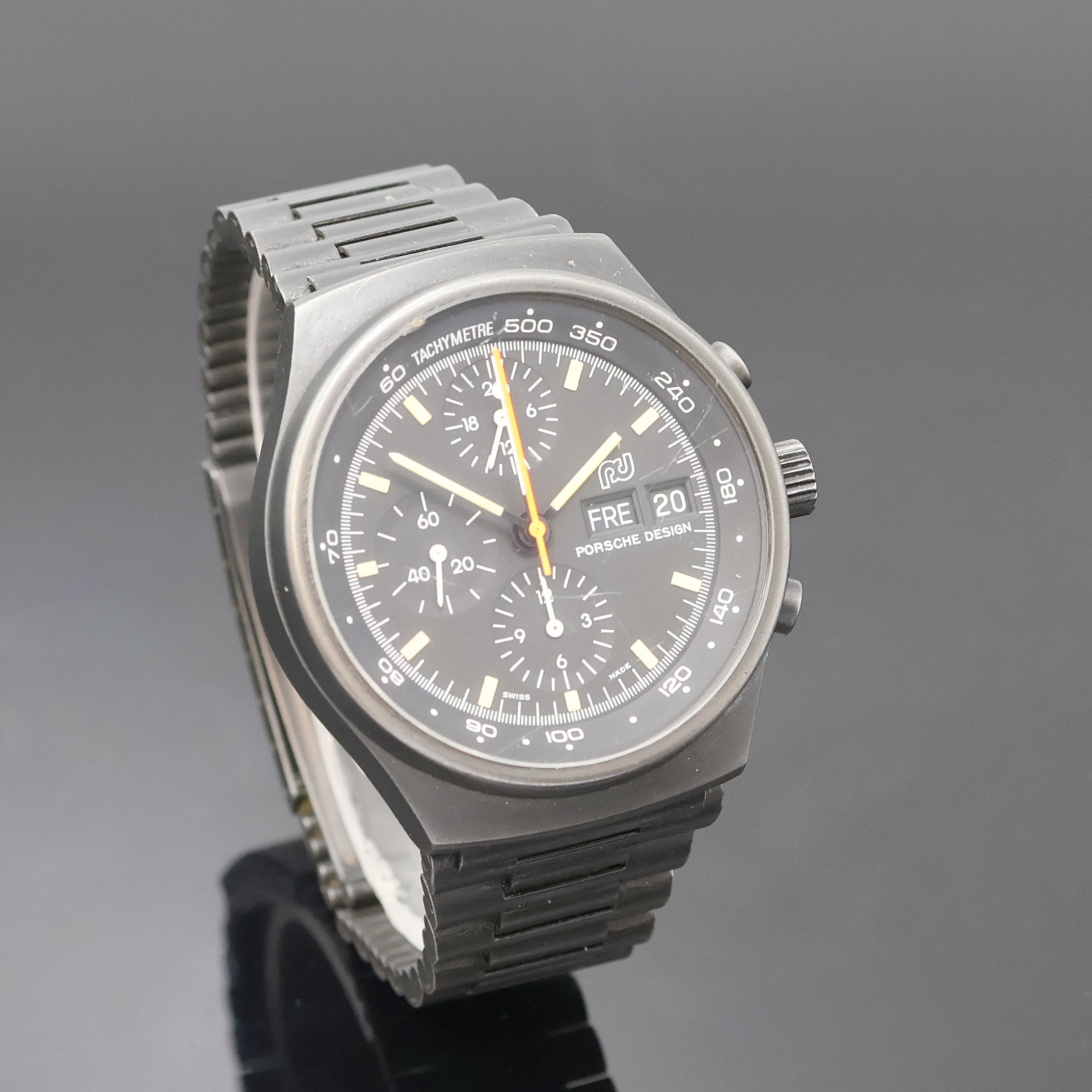 Detail b: PORSCHE DESIGN / ORFINA Herrenchronograph Referenz 7176S, Schweiz um 1990, Automatik, geschw. Edelstahlgeh. inkl. orig. Gliederband m. Faltschl., ...