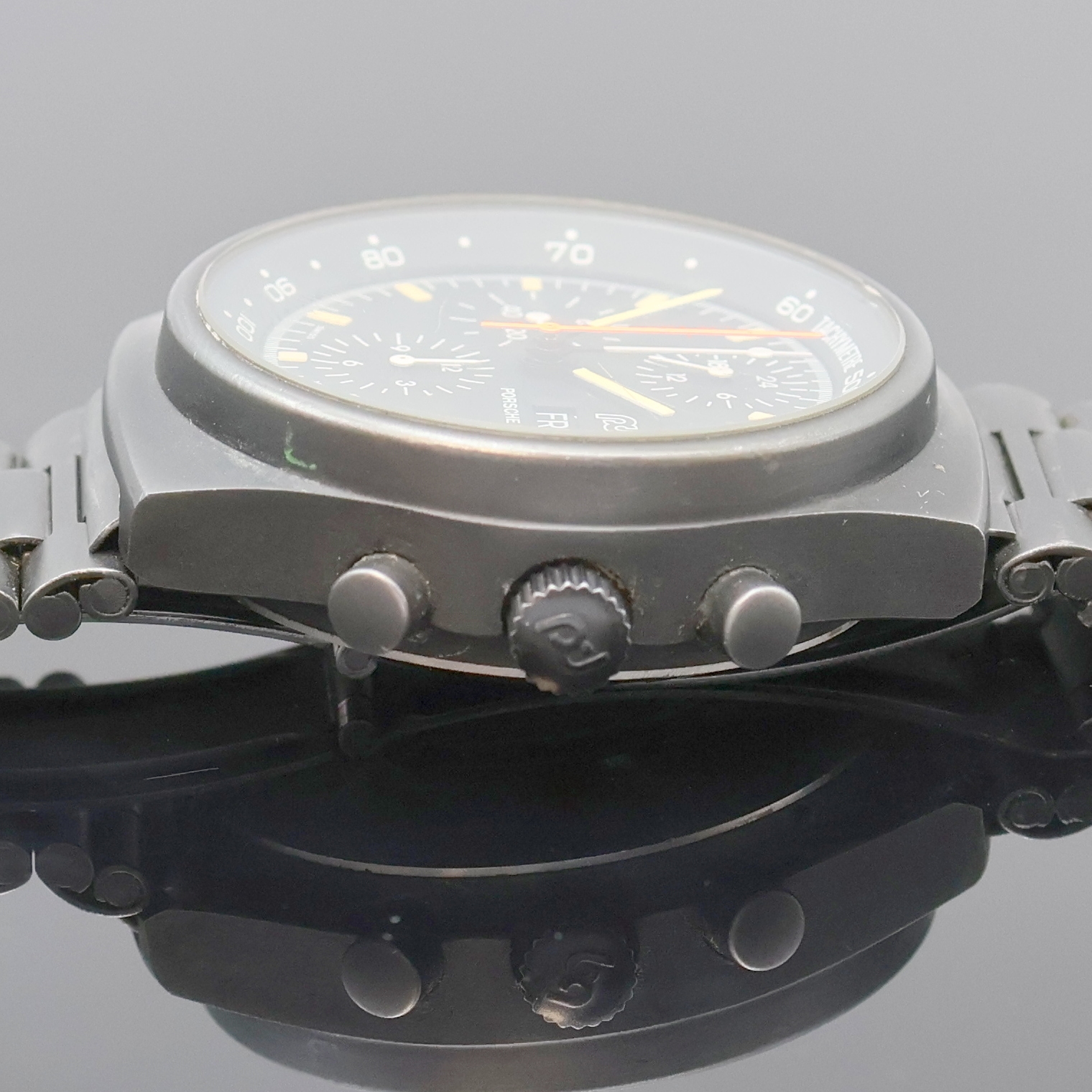 Detail d: PORSCHE DESIGN / ORFINA Herrenchronograph Referenz 7176S, Schweiz um 1990, Automatik, geschw. Edelstahlgeh. inkl. orig. Gliederband m. Faltschl., ...