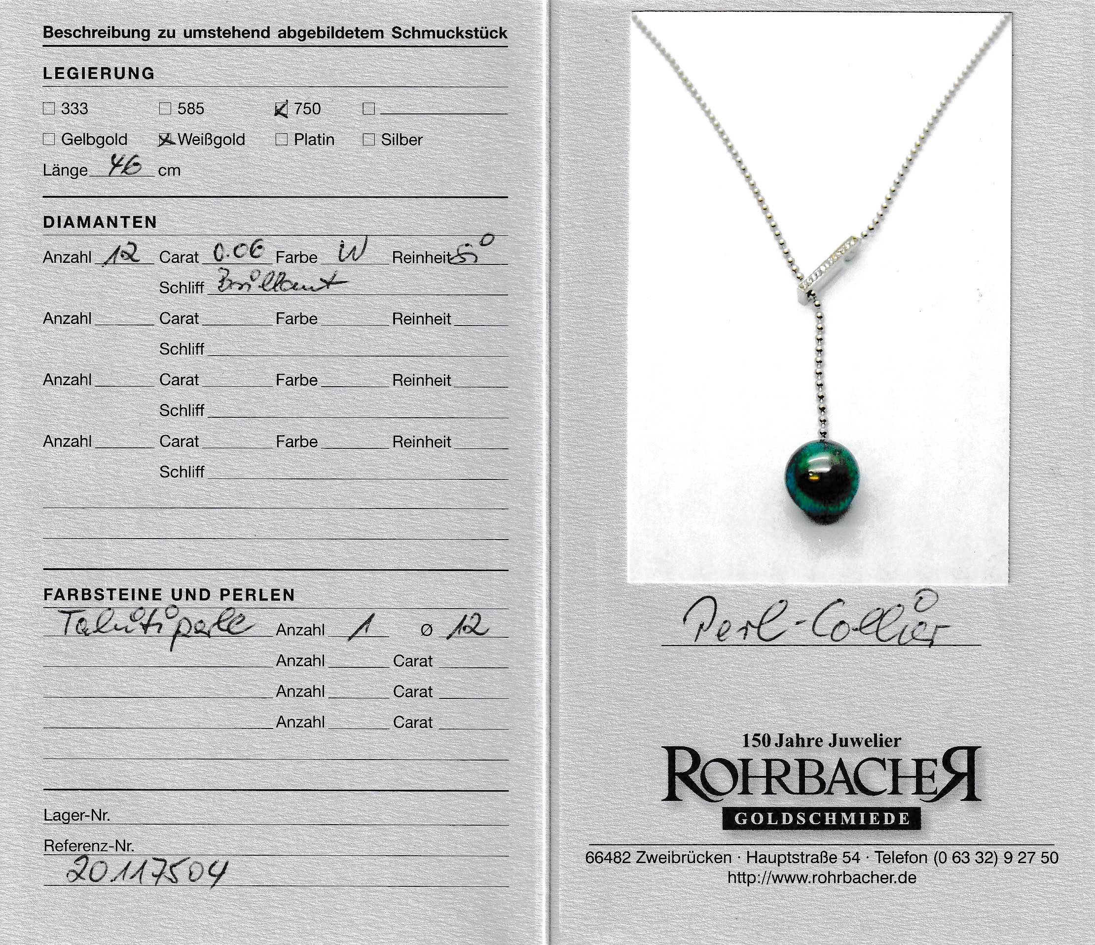 Detail a: 18 kt Gold Perl-Brillant-Collier, WG 750/000, sogn. Y-Collier, Kugelkette, Tahitizuchtperle, D. ca. 12 mm, Schieber mit 12 Brillanten zus. ca. 0.06 ...