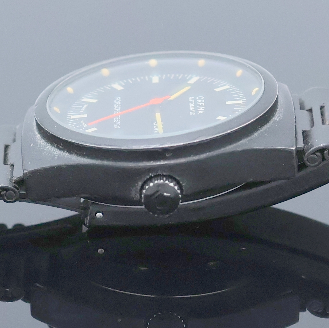 Detail c: ORFINA / PORSCHE DESIGN Damenarmbanduhr Referenz 7050, Schweiz um 1990, Automatik, geschw. Edelstahlgeh. inkl. orig. Gliederband m. Faltschl., Boden ...