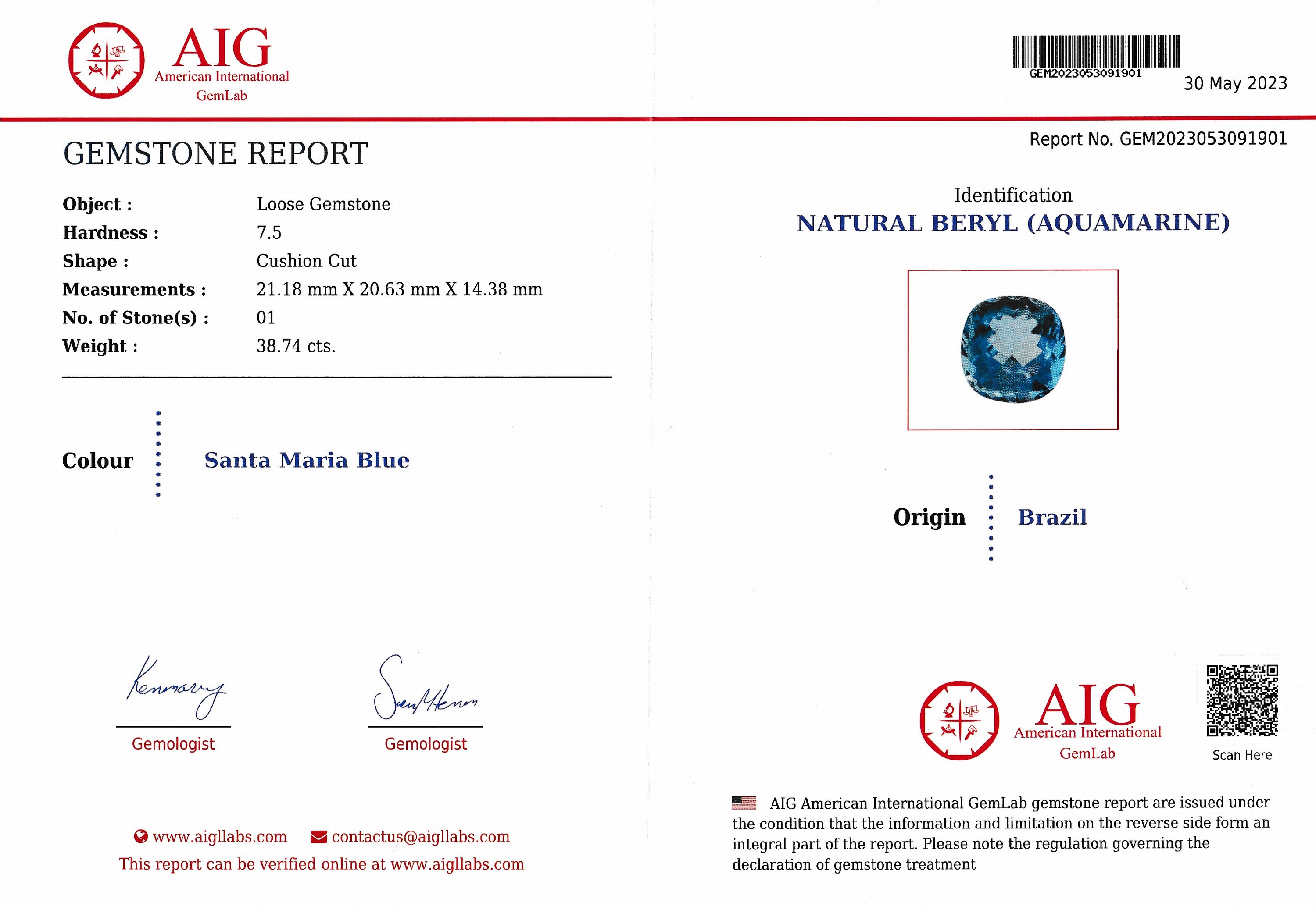 Detail b: Loser Aquamarin 38.74 ct, Cushion-Cut, lt. Expertise Santa Maria Blau, 21.18 x 20.63 x 14.38 mm, AIG-Expertise