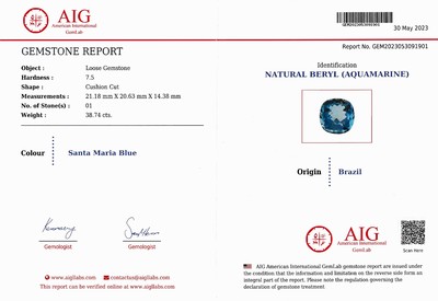 27014359b - Loose aquamarine 38.74 ct , Cushion-Cut, acc. to expertise Santa Mary Blue, 21.18 x ...