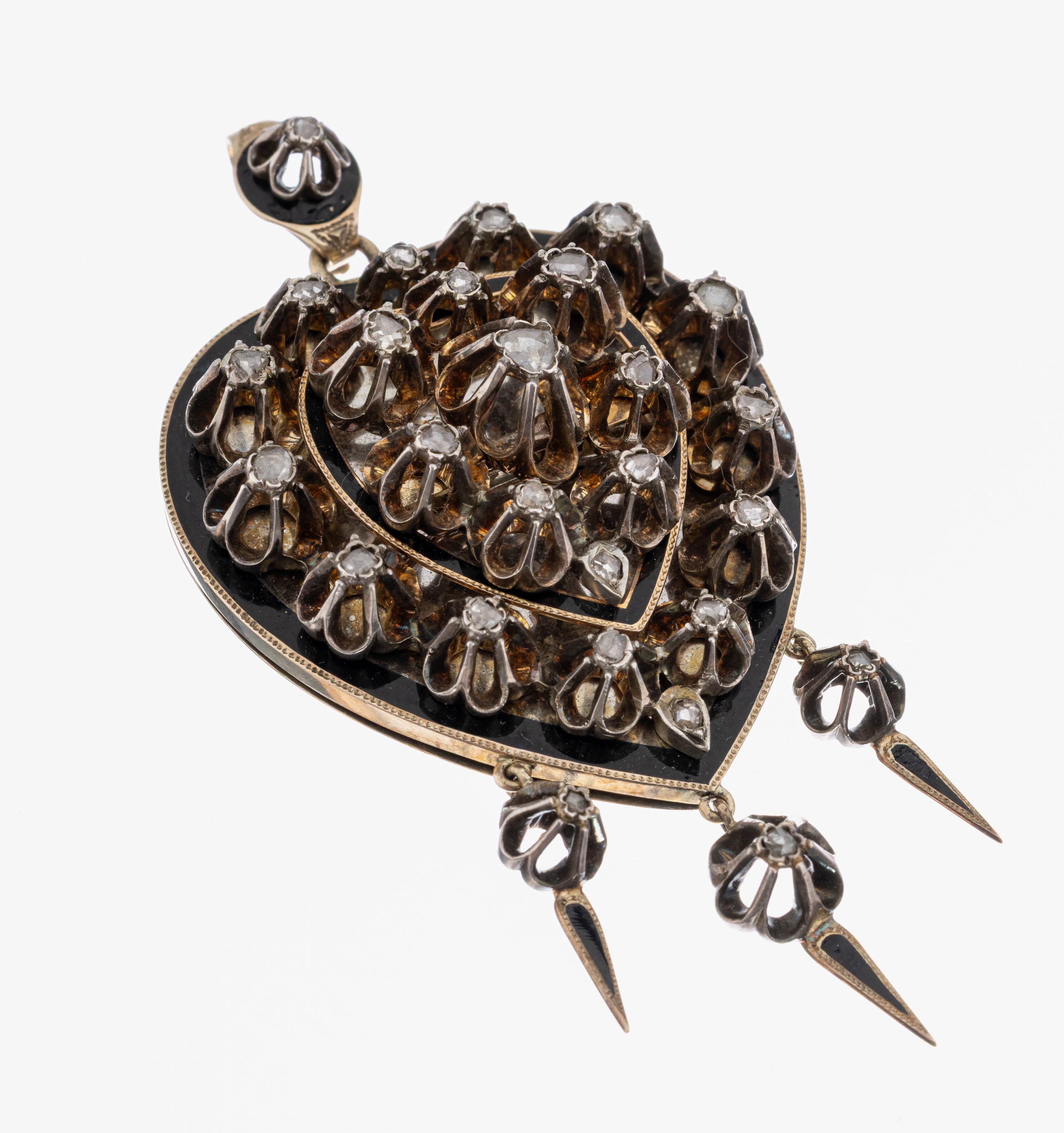 Image 27014835 - 14 kt Gold Diamant-Medaillonanhänger, um 1870 -80, GG 585/000 gepr., Diamantrosen zus. ...