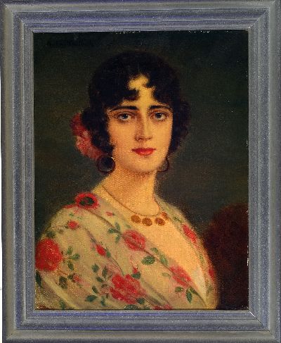 27015105k - Anton Kaulbach, 1964-1934, Porträt einer dunkelhaarigen Dame mit Blume im Haar, ...