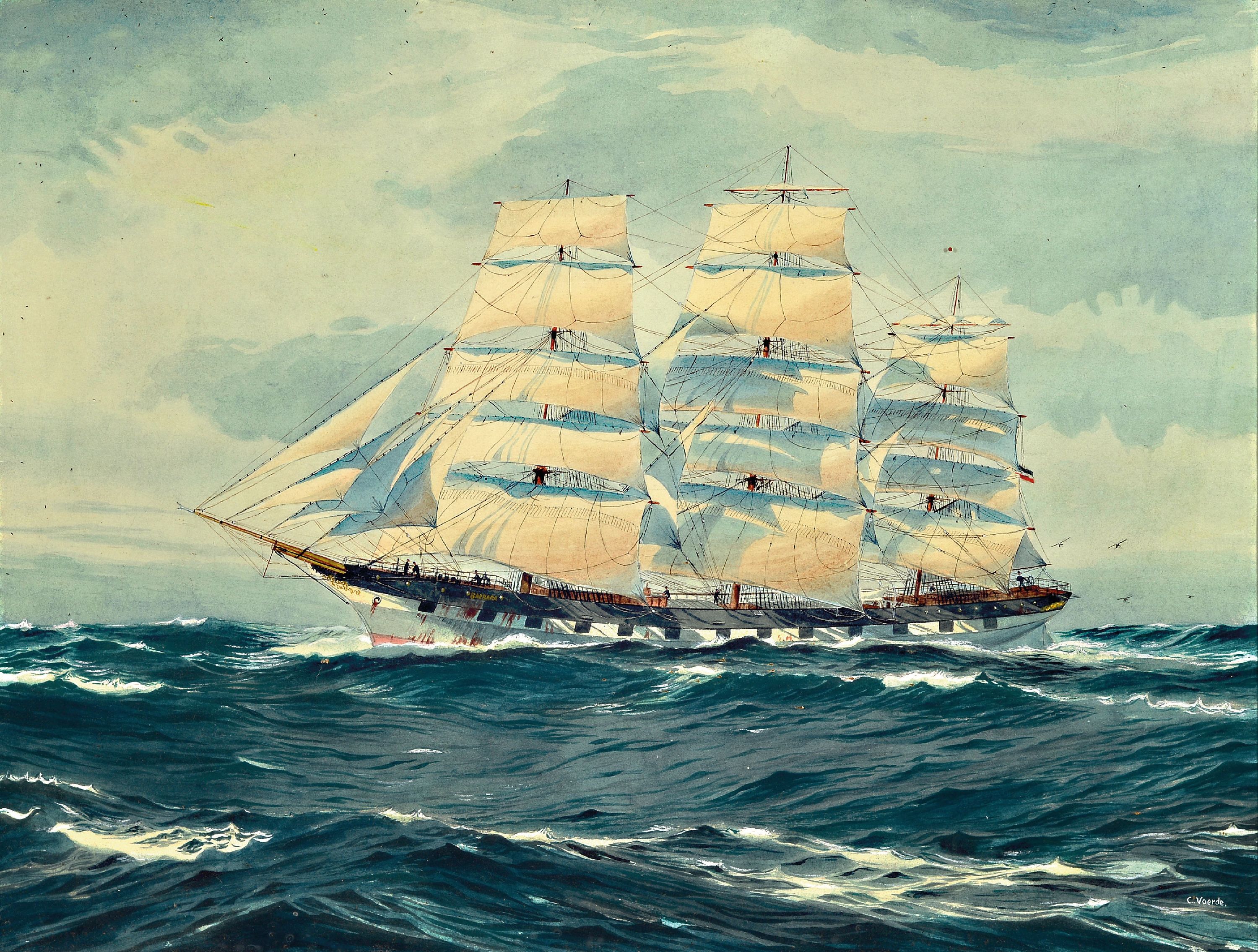 Image 27016498 - C. Voerde, aufgetakeltes Segelschiff mit Mannschaft auf bewegter See, Gouache, auf ...