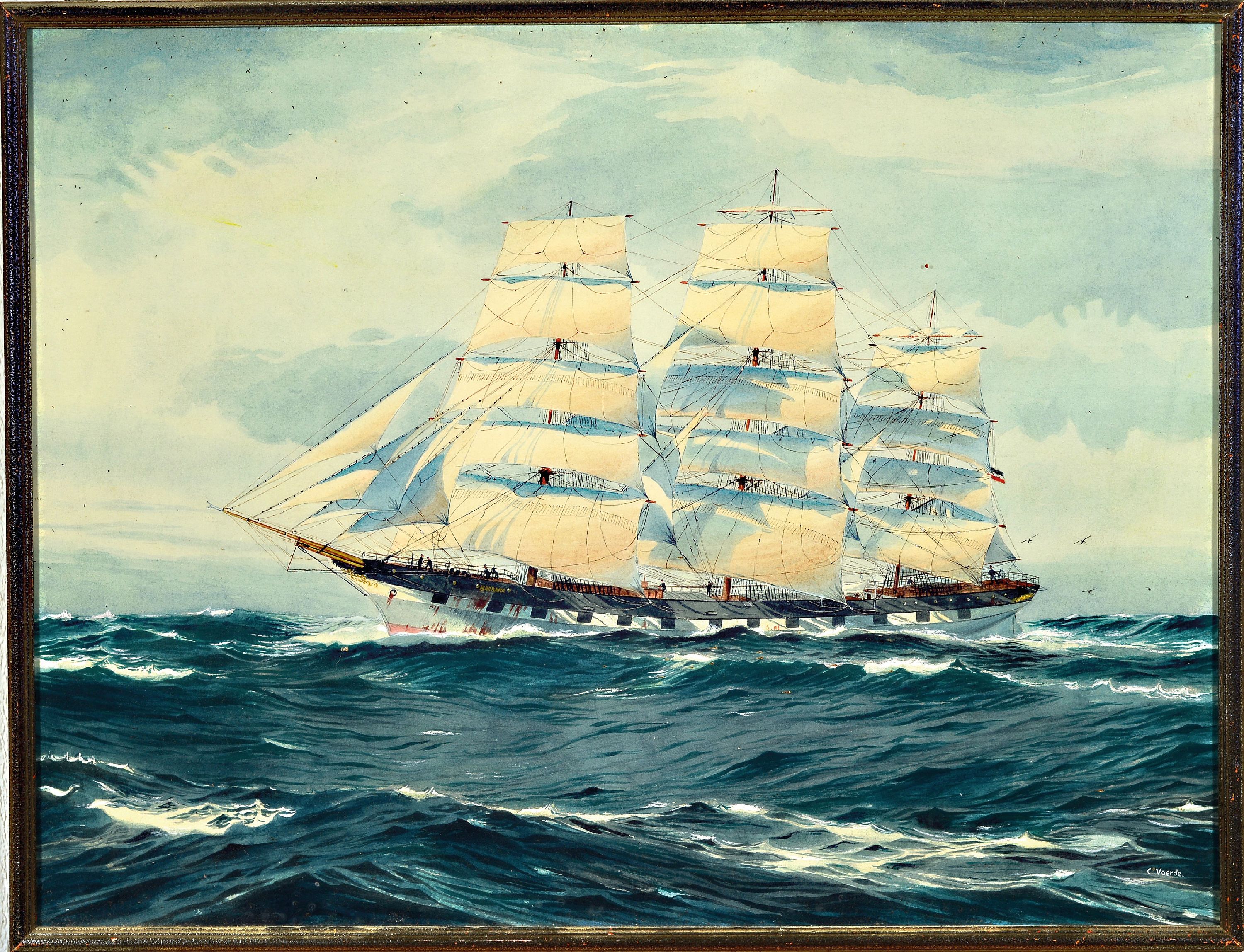 Detail k: C. Voerde, 20.Jh., aufgetakeltes Segelschiff"Barbara" mit Mannschaft auf bewegter See, Gouache, auf Papier, re. unten signiert, ca. 44 x 58 ...