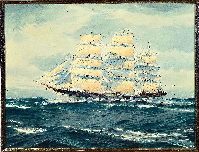 27016498k - C. Voerde, aufgetakeltes Segelschiff mit Mannschaft auf bewegter See, Gouache, auf ...