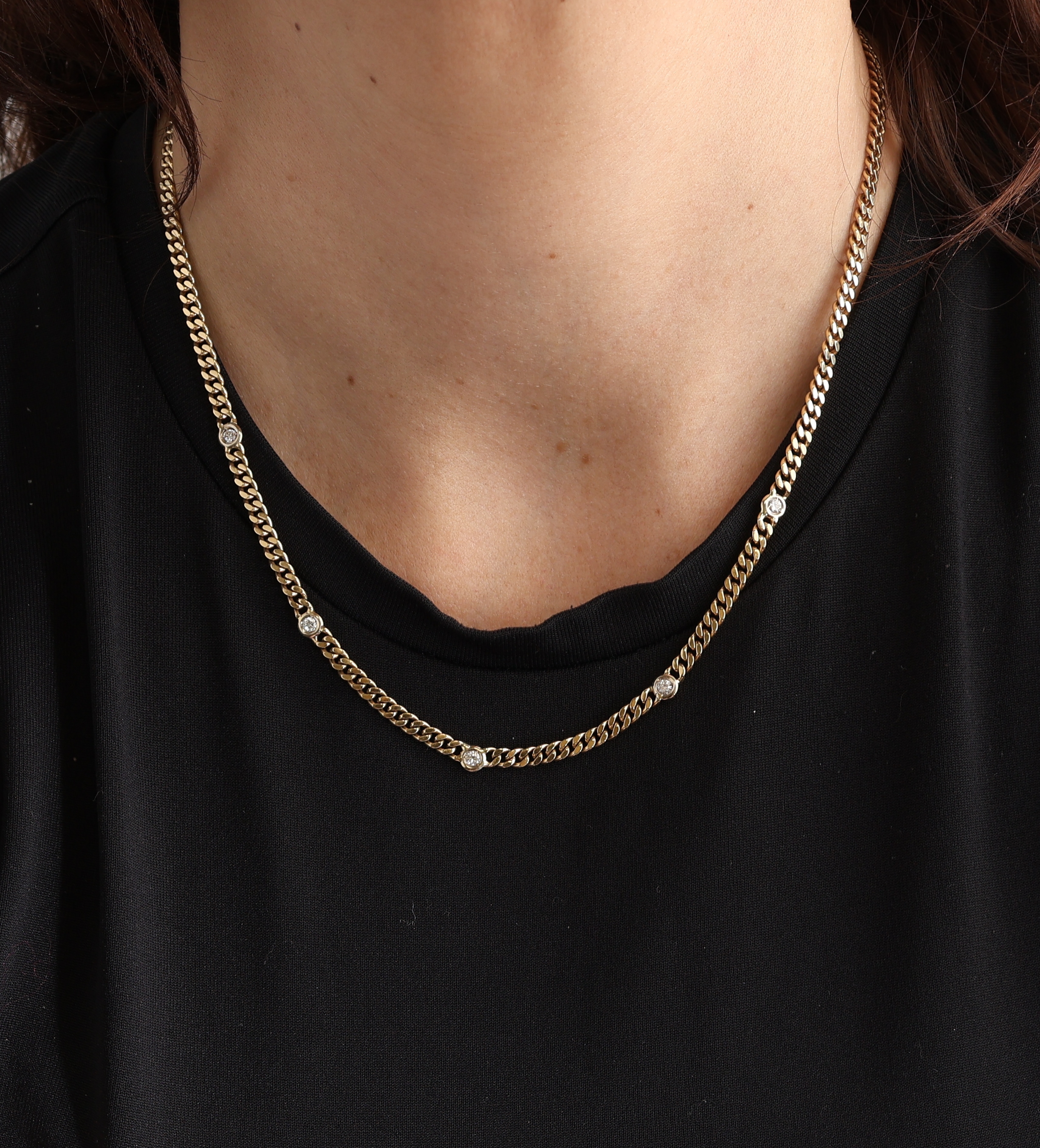 Detail d: 14 kt Gold Brillant-Collier, GG 585/000, Mittelteil bes. mit 5 Brillanten zus. ca. 0.20ct Weiß/si, Panzerkette, L. ca. 44 cm, ca. 16.4 g