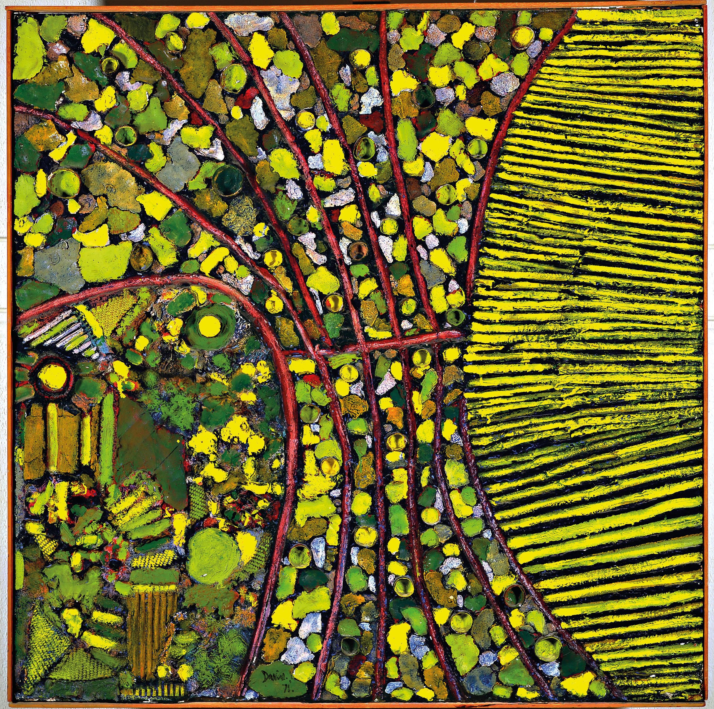 Detail k: Stacy Davies, 2. Hälfte 20. Jh., West Hampstead, abstr. Landschaft, Acryl und Collage auf Holz, rückseitig auf Etikett bezeichnet und ...