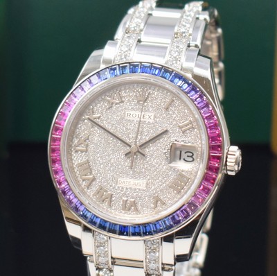 27017145a - ROLEX seltene Armbanduhr Datejust Pearlmaster in WG 750/000 mit original Steinbesatz ...