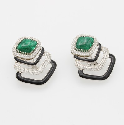 27017378a - Paar ausgefallene Ohrstecker mit Smaragden, Brillanten und Onyxen, WG 750/000, ...