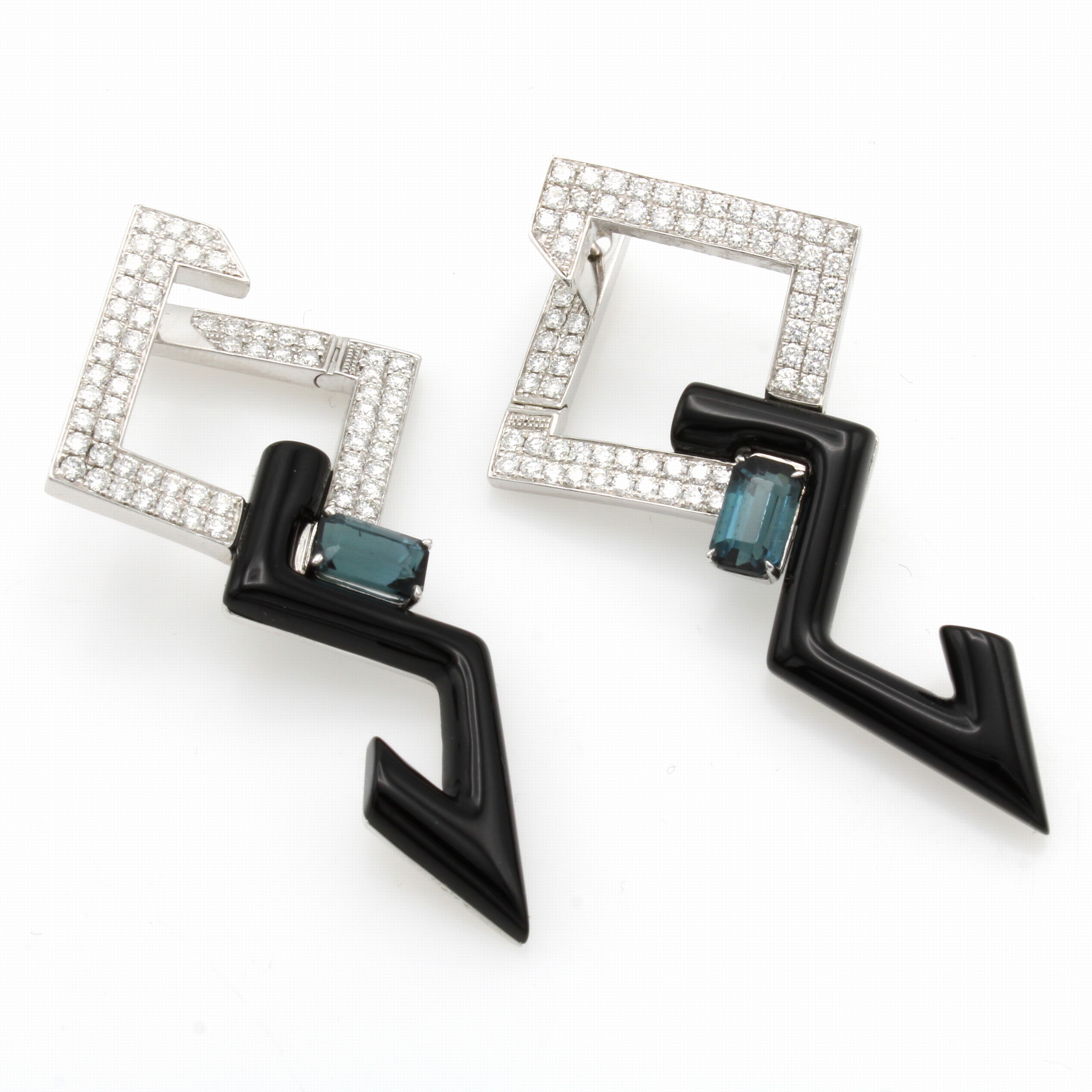 Image 27017409 - Paar ausgefallene Ohrstecker mit Brillanten, Turmalinen und Onyxen, Platin 950/000, ...