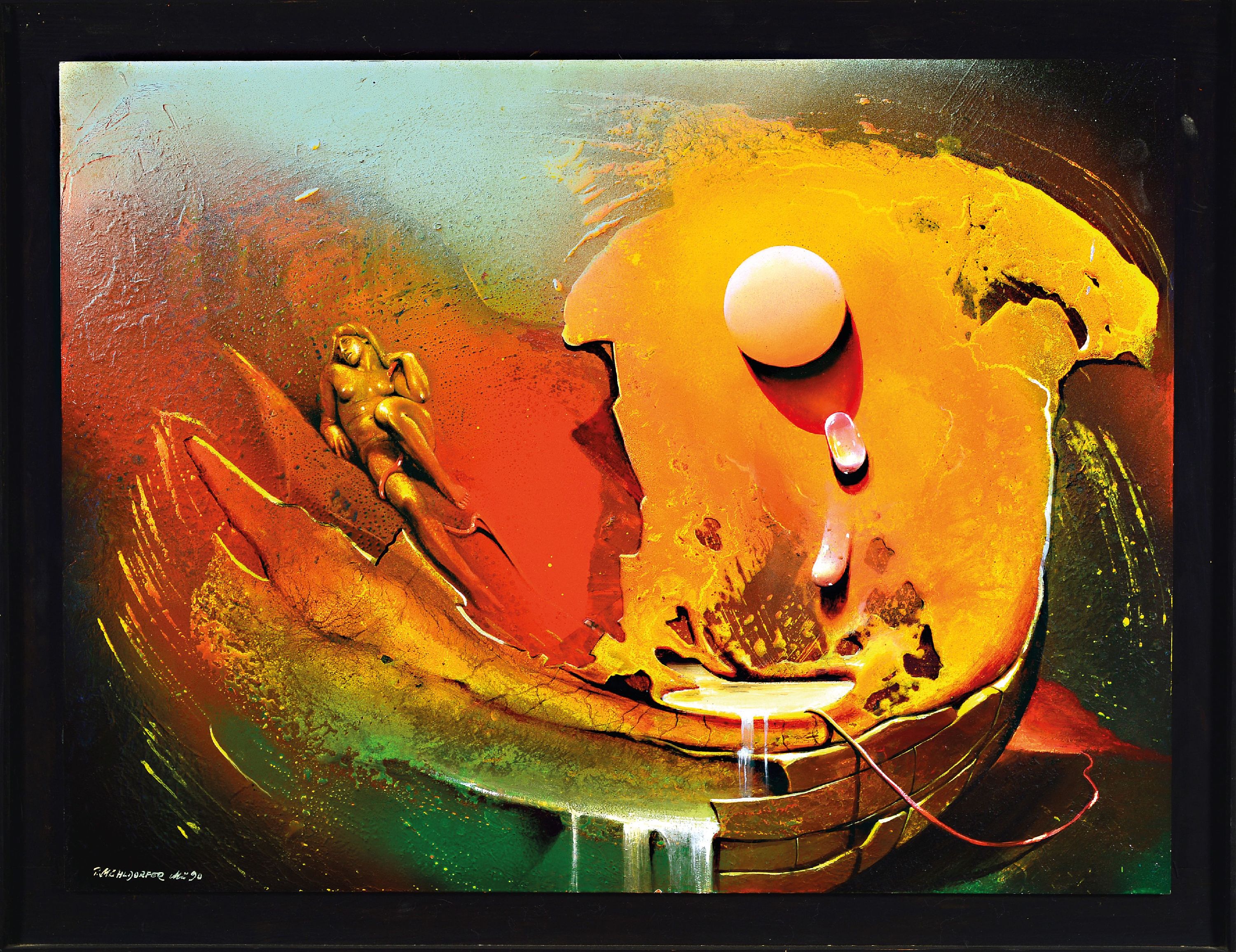 Detail k: Peter Mühlendorfer, 1946 Weilimdorf, deutscherMaler, Grafiker und Illustrator, hier Frauenakt in surrealistischer Landschaft, Öl/Platte, signiert ...