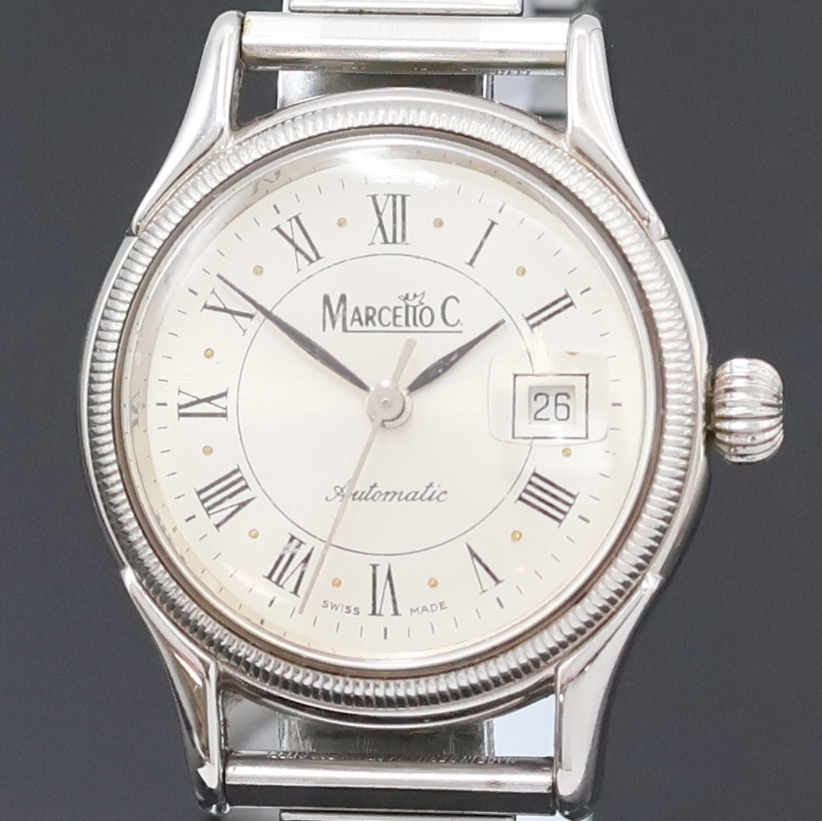 Detail a: MARCELLO C Armbanduhr in Stahl, Schweiz um 2000, Automatik, beids. vergl. Geh., Boden verschr., neutr. Flexband, silb. Zifferbl. m. röm. Zahlen, ...