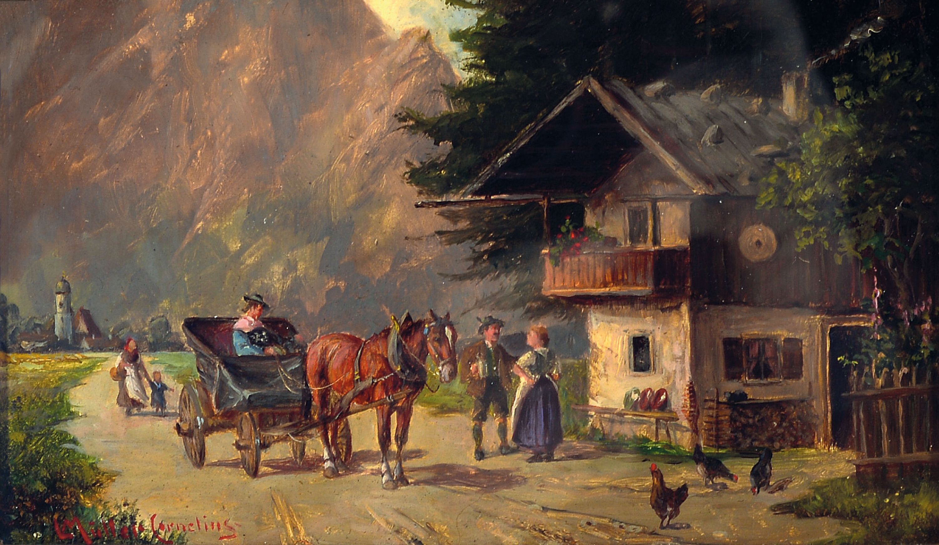 Ludwig Müller-Cornelius, 1864 - 1946 München, süddeutsche Landschaft mit Kutsche und Personen, Öl/Holz, signiert, betitelt Kissingen Herbst 1933, ...