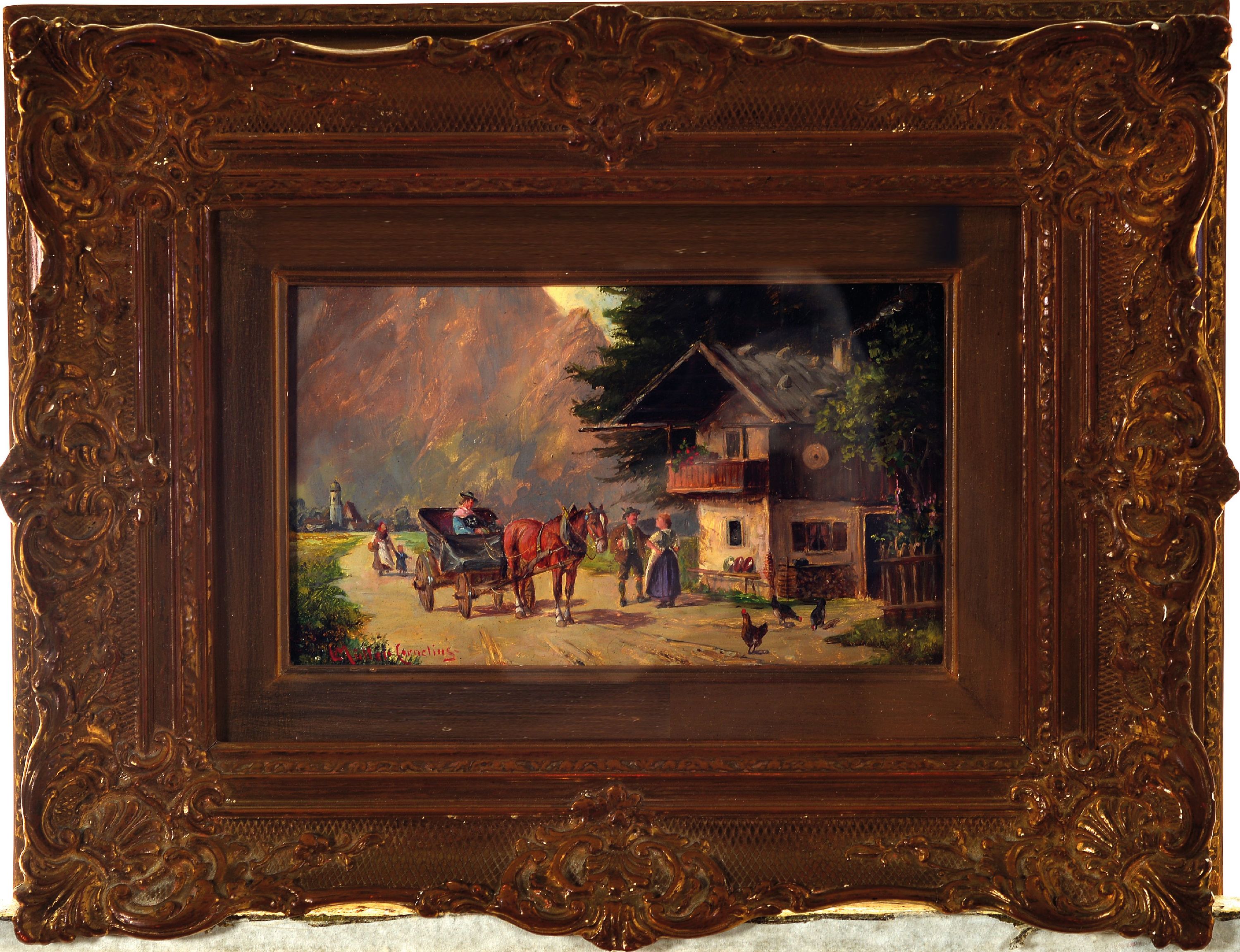 Detail k: Ludwig Müller-Cornelius, 1864 - 1946 München, süddeutsche Landschaft mit Kutsche und Personen, Öl/Holz, signiert, betitelt Kissingen Herbst 1933, ...