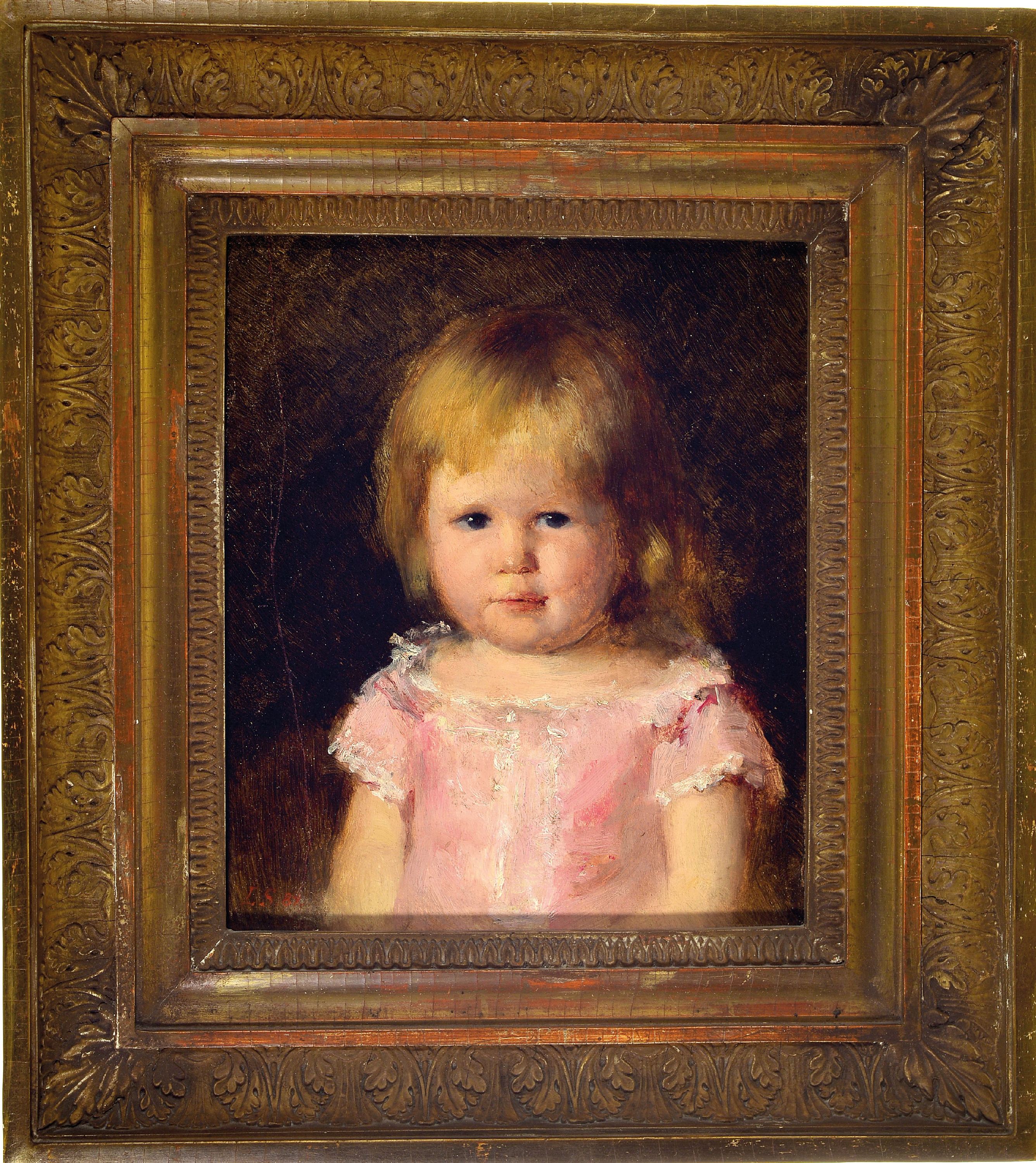 Detail k: Louise Schmidt, Mädchenporträt, rückseitig bez. Agnes Kittel 24.II.80, gemalt von Louise Schmidt 1882, Öl/Mahagoniplatte, monogrammiert LS 82, ...