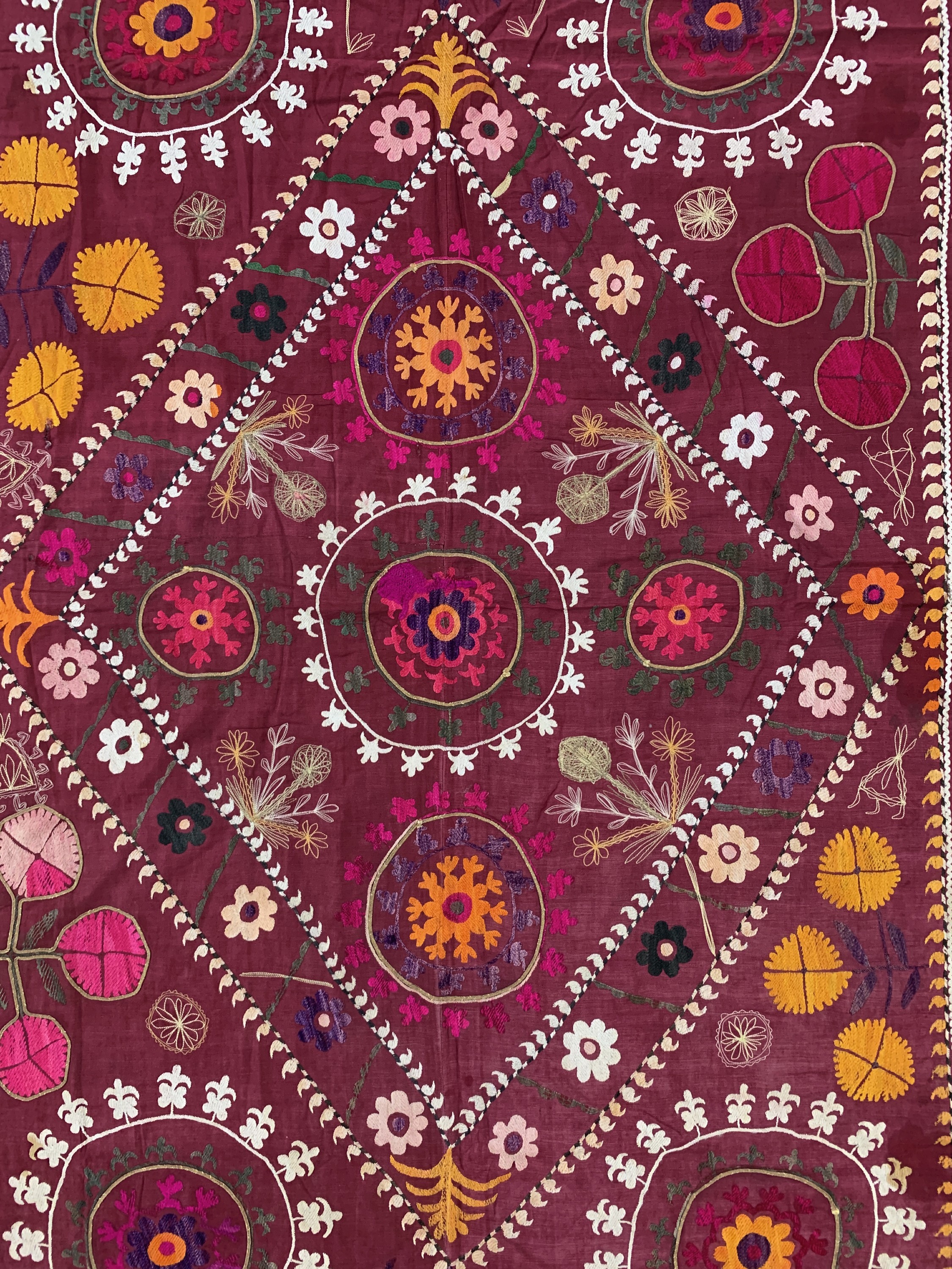 Detail c: Seidenstickerei antik, Uzbekistan, um 1900,Seidenstickerei auf Seide, ca. 188 x 140 cm, Reinigungsbedürftig, EHZ: 2(restauriert)