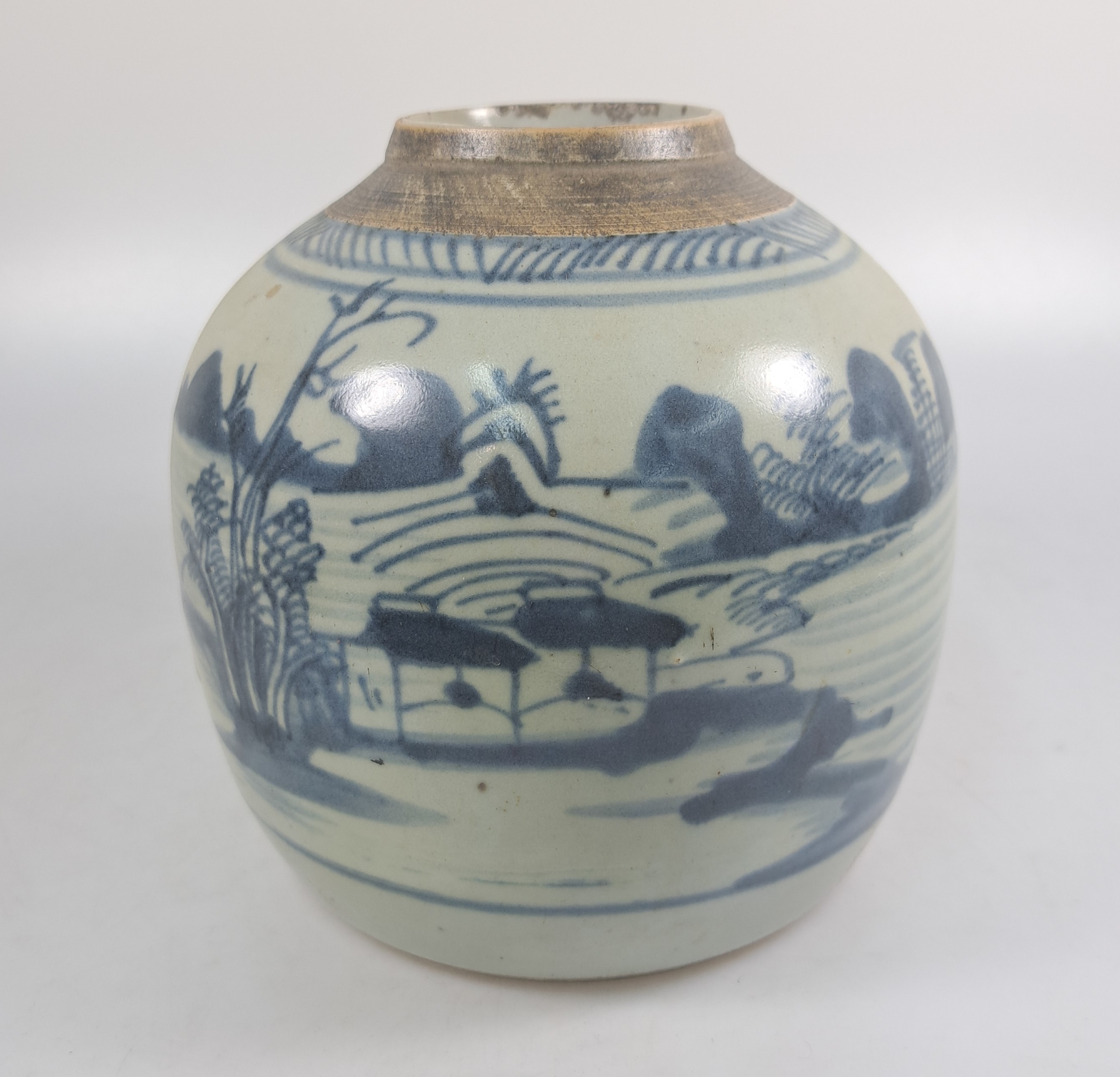 Detail a: Paar Ingwertöpfe, China, um 1880, blaue Bemalung, umlaufende Landschaften, ohne Deckel, H. ca. 15 cm