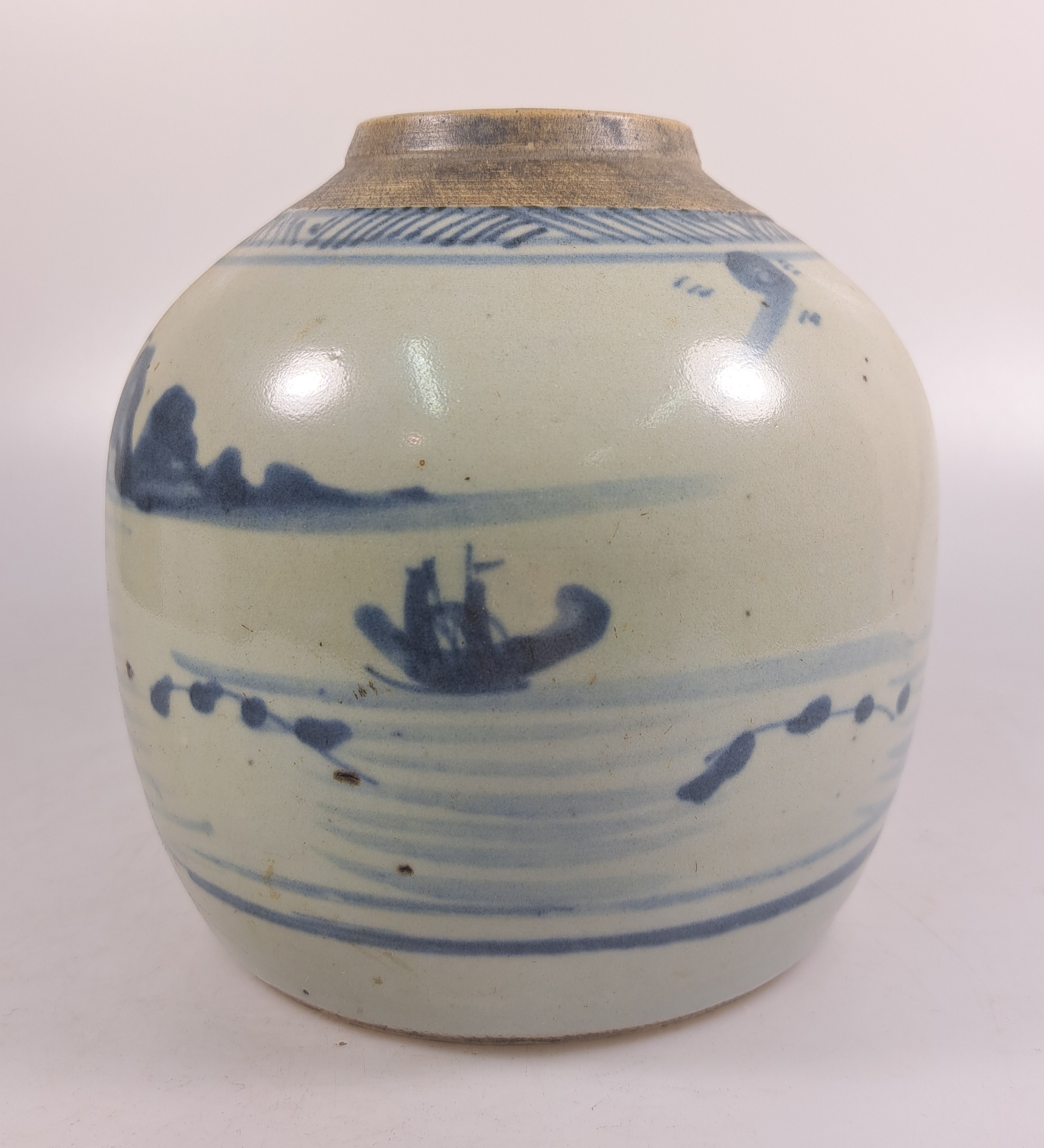 Detail d: Paar Ingwertöpfe, China, um 1880, blaue Bemalung, umlaufende Landschaften, ohne Deckel, H. ca. 15 cm