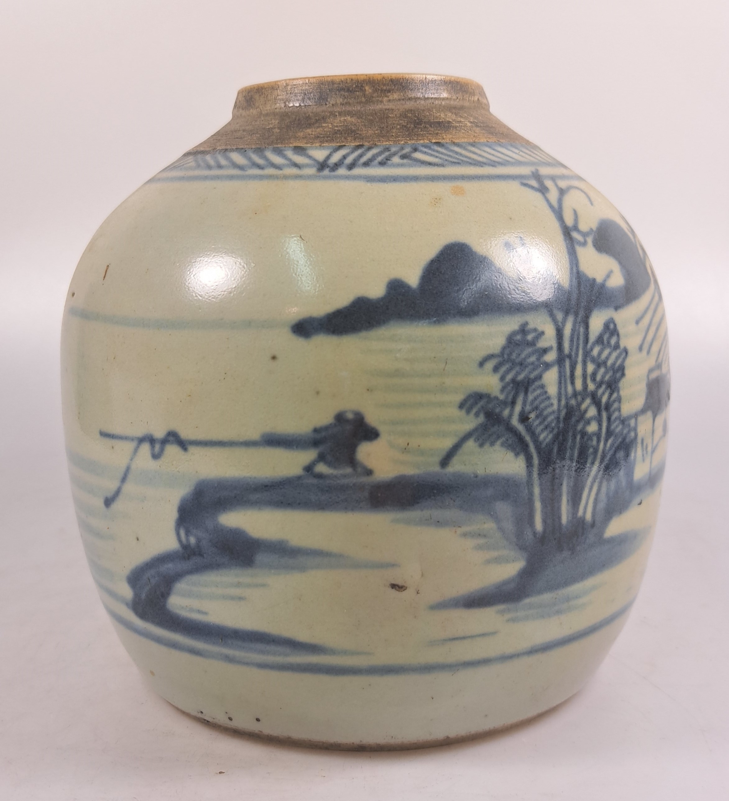 Detail e: Paar Ingwertöpfe, China, um 1880, blaue Bemalung, umlaufende Landschaften, ohne Deckel, H. ca. 15 cm