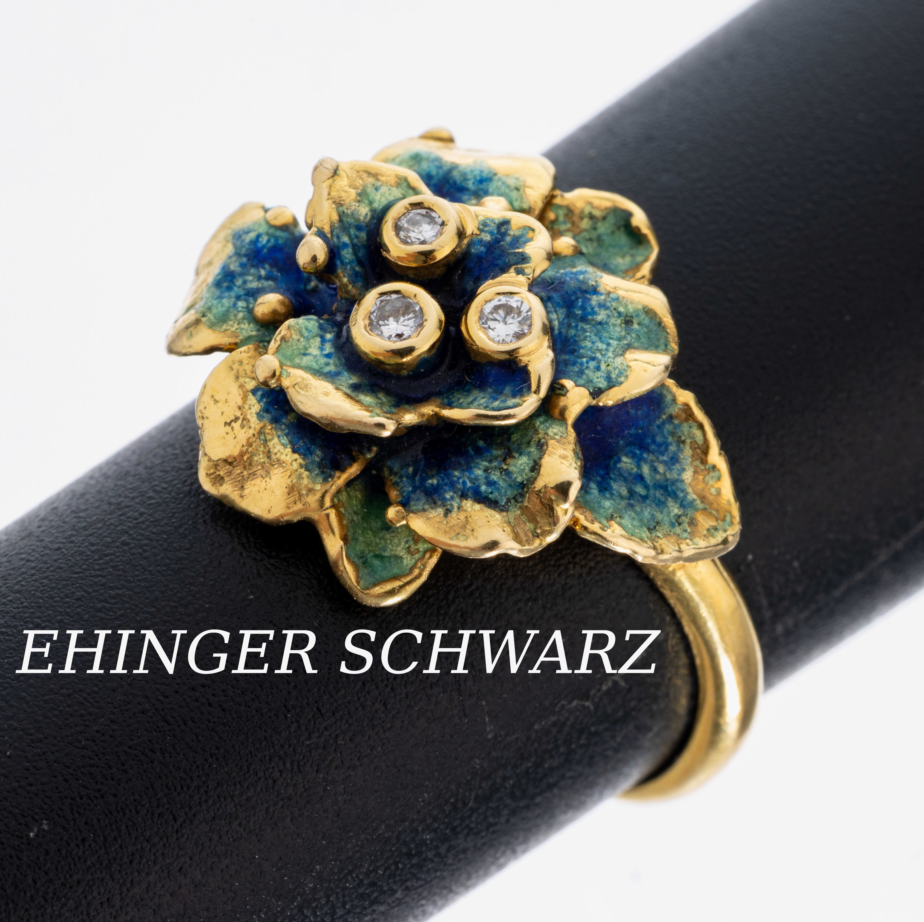 Image 27018063 - 18 kt Gold EHINGER SCHWARZ Email-Brillant- Ring, GG 750/000, stil. Blätterdekor, ...