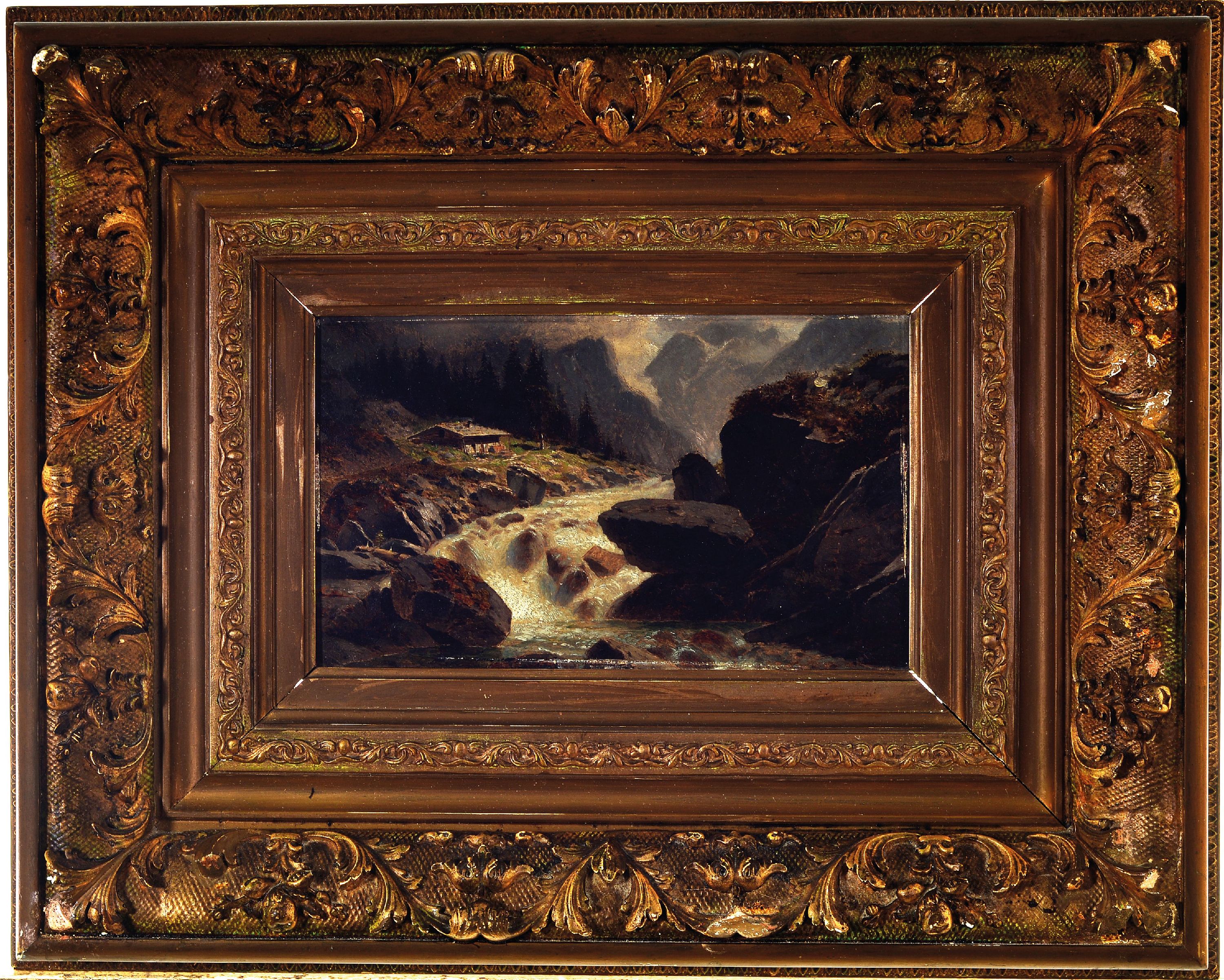 Detail k: Aristide Benon, 1853-1924, französisch, Hochgebirgslandschaft mit Bachlauf vor Bauernhaus, Öl/Holz, links unten signiert, 15 ,5x25,5 cm, breiter ...