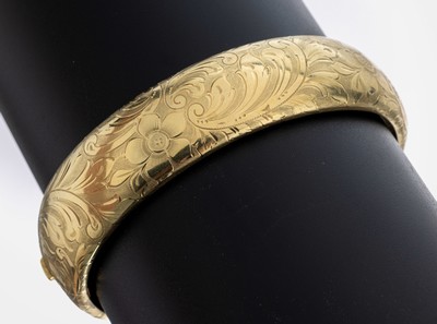 Image 14 kt Gold Armreif, GG 585/000, gefüllt, Oberfläche reich floral grav., ...