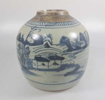 27018053a - Paar Ingwertöpfe, China, um 1880, blaue Bemalung, umlaufende Landschaften, ohne Deckel, ...