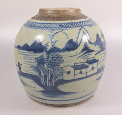 27018053h - Paar Ingwertöpfe, China, um 1880, blaue Bemalung, umlaufende Landschaften, ohne Deckel, ...