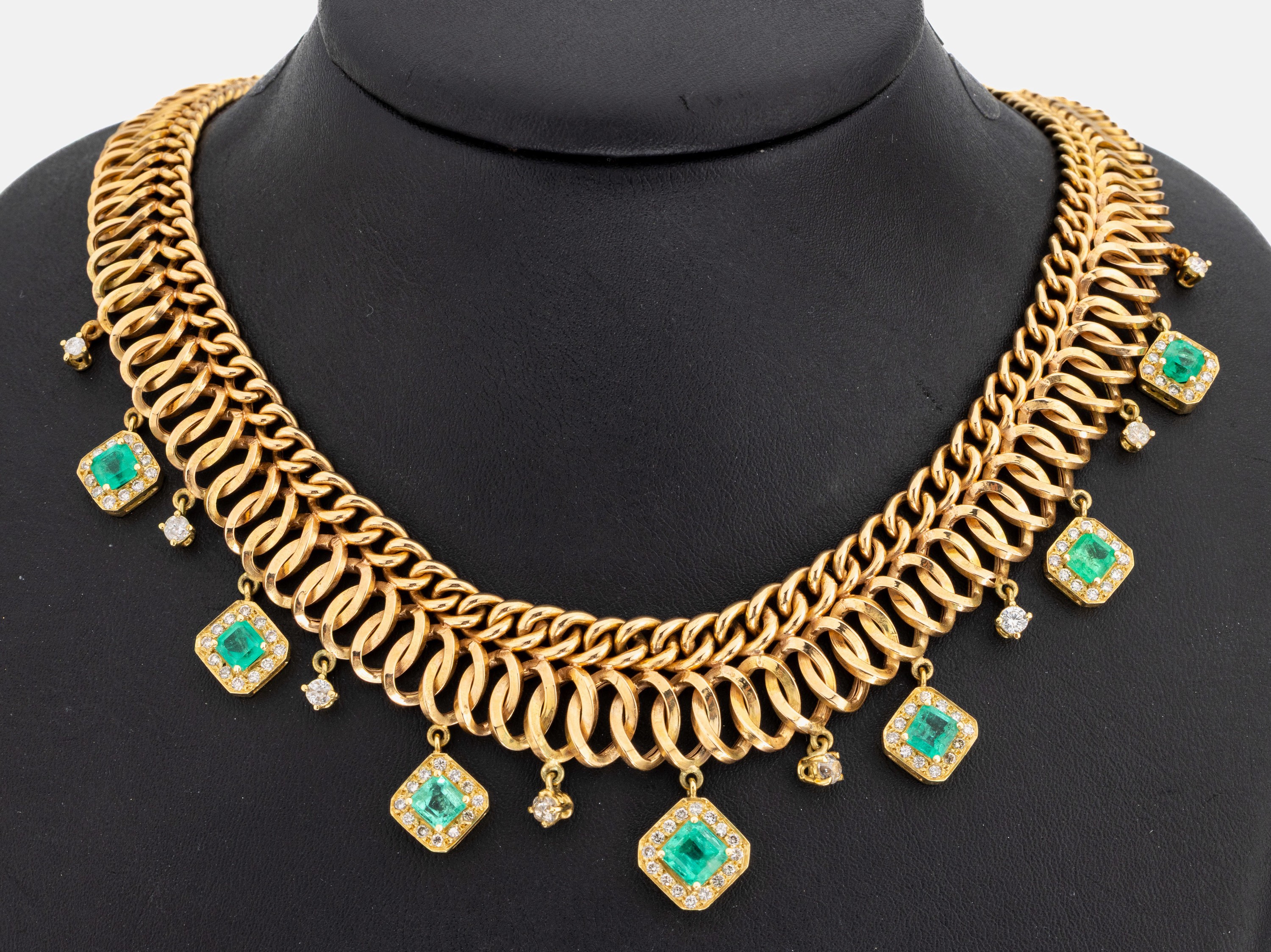 Image 27018365 - 18 kt Gold Smaragd-Diamant-Collier, GG 750/000 gepr., ineinander verschlungene Glieder, ...