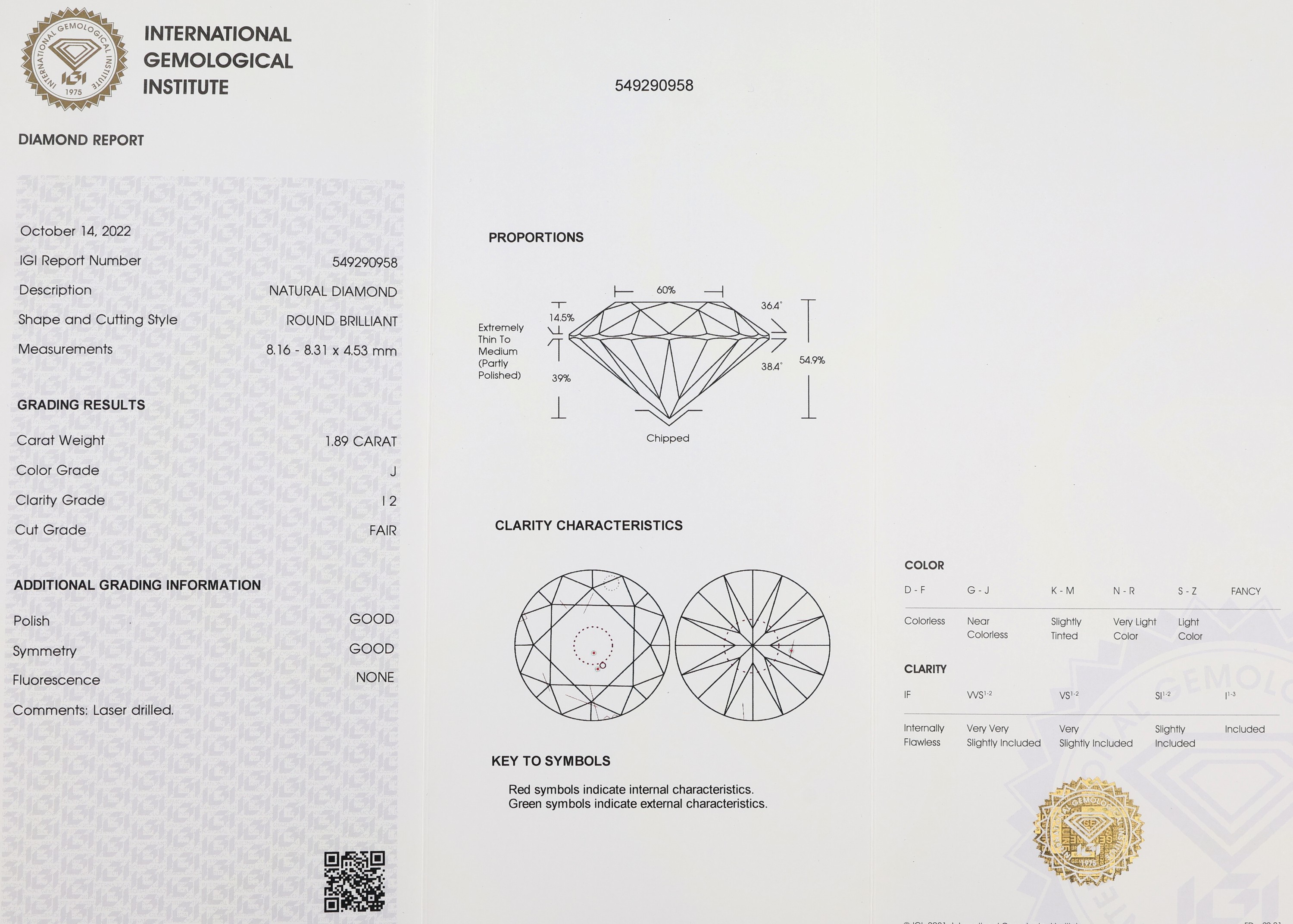 Detail a: Loser Brillant 1.89 ct l. get. Weiß (J)/p 2, eingeschweißt, IGI Diamond Report 10/2022