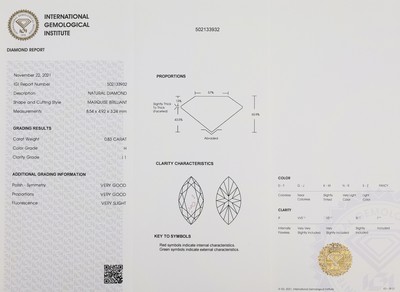 27018633a - Lose Diamant Navette 0.83 ct Weiß (H)/p 1, eingeschweißt, IGI Diamond Report 11/2021