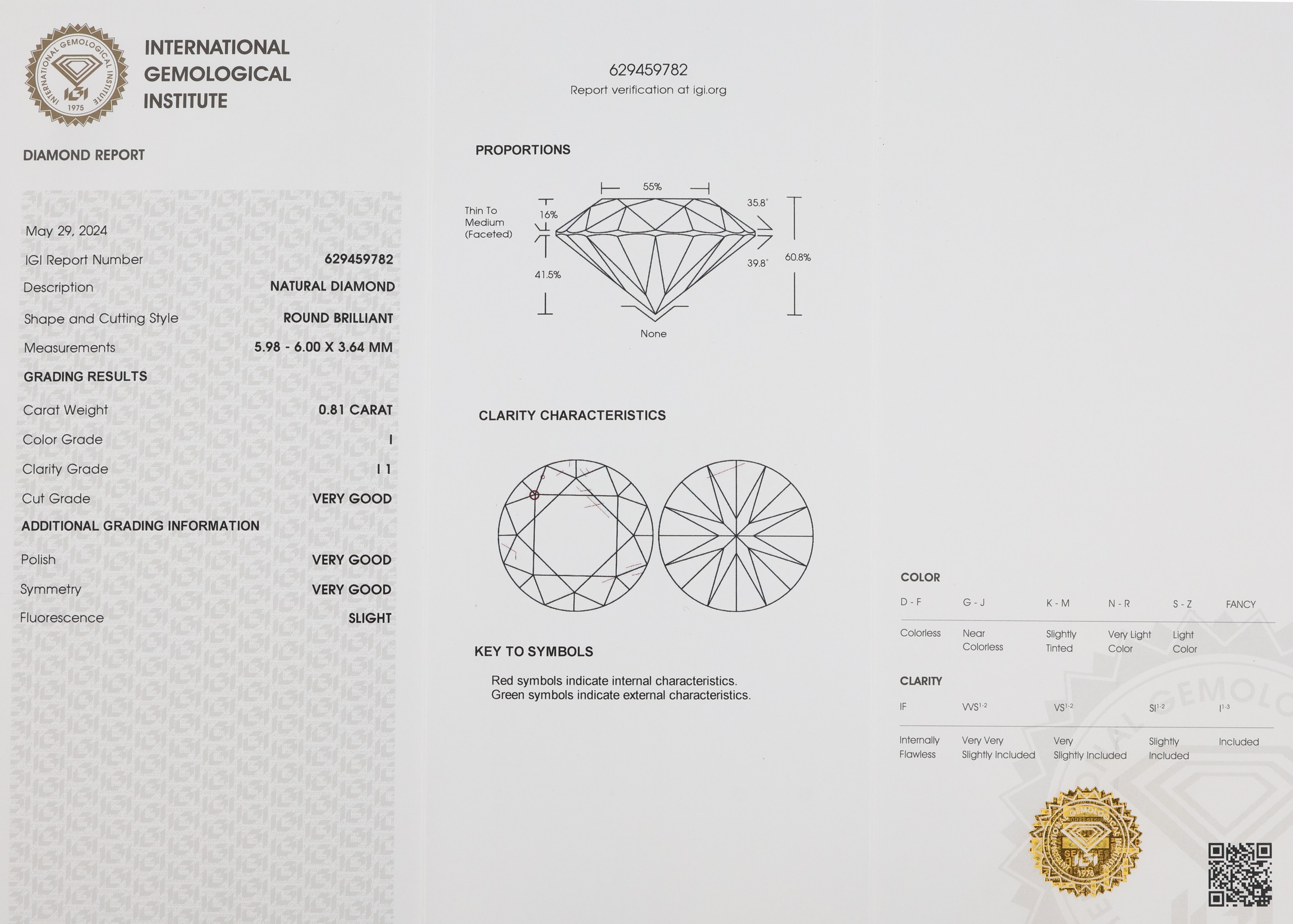 Detail a: Loser Brillant 0.81 ct l. get. Weiß (I)/p 1, eingeschweißt, IGI Diamond Report 05/2024